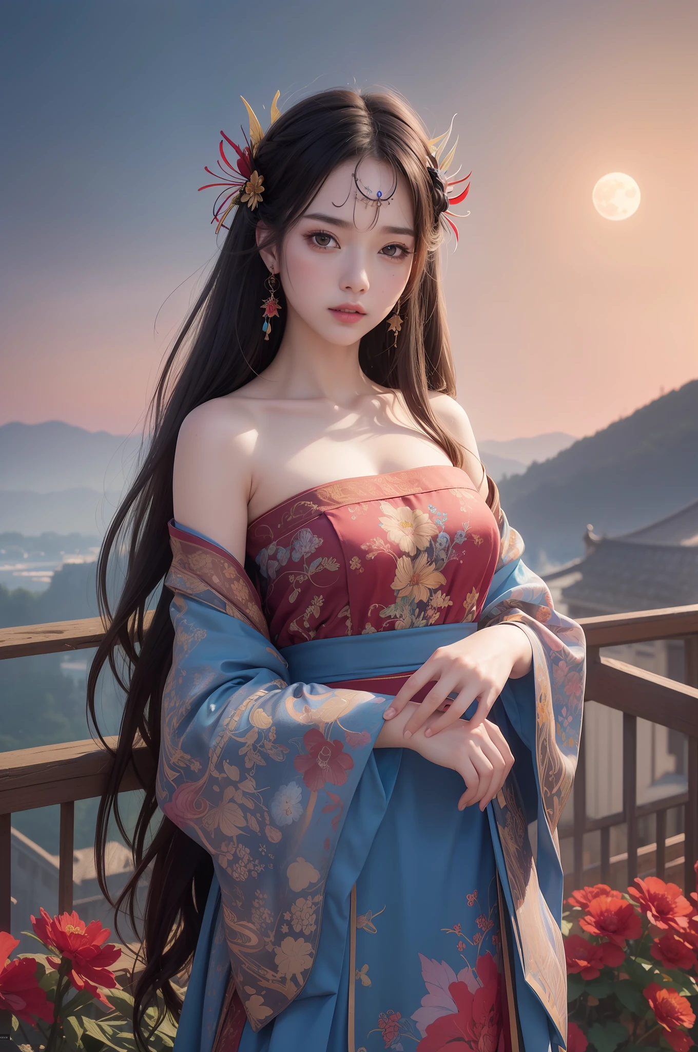 (8k, RAW photo:1.2),best quality, ultra high res,dramatic angle,(fluttered detailed color splashs), (illustration),(((1 girl))),(long hair),(rain:0.9),(hair ornament:1.4),there is an ancient palace beside the girl,chinese clothes,(focus on), color Ink wash painting,(color splashing),colorful splashing,(((colorful))),(sketch:0.8), Masterpiece,best quality, beautifully painted,highly detailed,(denoising:0.6),[splash ink],((ink refraction)), (beautiful detailed sky),moon,highly,detaild,(masterpiece, best quality, extremely detailed CG unity 8k wallpaper,masterpiece, best quality, ultra-detailed),(Lycoris radiata),