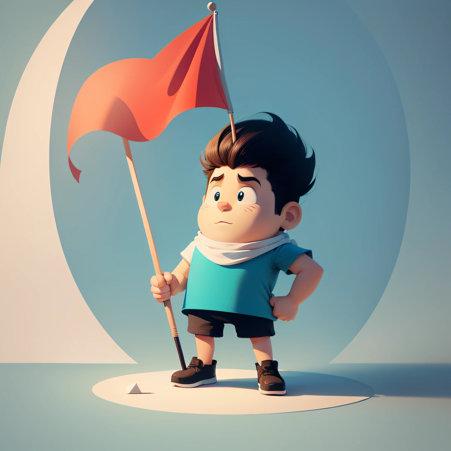 A cartoon，A man holds a flag in his hand，Cute cartoon character，Minimalist illustration