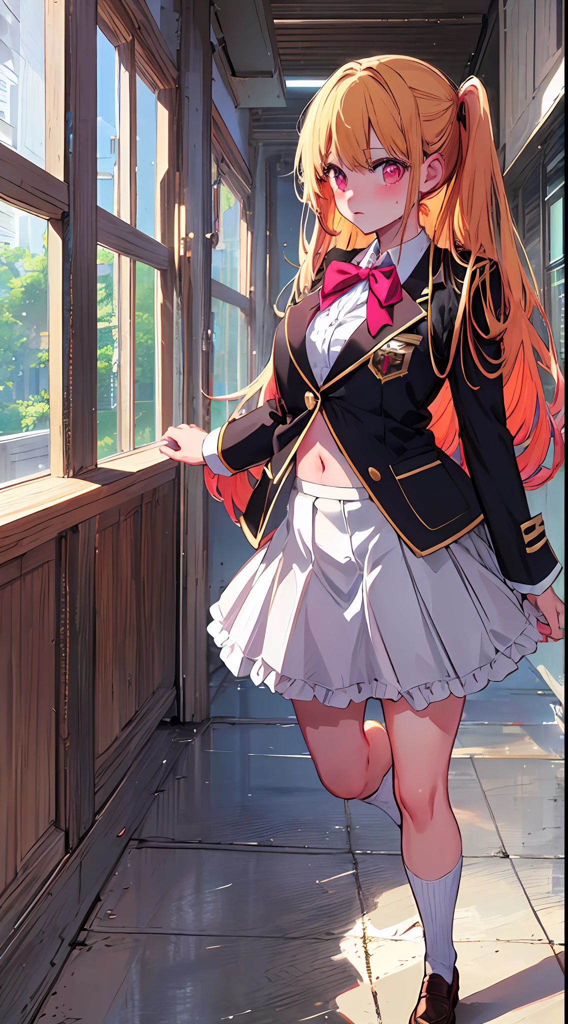 main girl is beautiful and cute, "neat and bright uniform coordination", full body, full body illustration, best illustration, elementary school student, realistic and elaborate uniform, high school uniform, ((highest quality)), ((masterpiece)), (detail: 1.4), anatomical, award-winning concept art, beautiful, fine details, portrait, look viewer, (full body view)), 1 girl, full body, solo, , elementary school student, child actor, golden hair, blonde, semi-long hair, red and pink eyes, large eyes, the pupil of the left eye is star-shaped, characteristic pupil of the left eye, pupil of the left eye clear, pupil of the left eye detailed, dark brown blazer, maroon sweater, long checked skirt, dark green and maroon skirt, black hyso, orange large ribbon, white blouse, underwear, panties, skirt, white panties, wet, shirt, wet clothes, skirt lift, blush, classroom, navel,lift under chest, clothing lift, easy background, lifting clothes, uniform, Japan cute school uniform, blazer, look away, short sleeve, loli, skinnlementary, loli, baby facete, young appearance, fantastic visual depiction, professional effects, beautiful girl, petite girl, sweaty transparent clothes, unevenness, absurdity, Heel up loafers, golden hair, red and pink eyes, the main girl is beautiful and cute