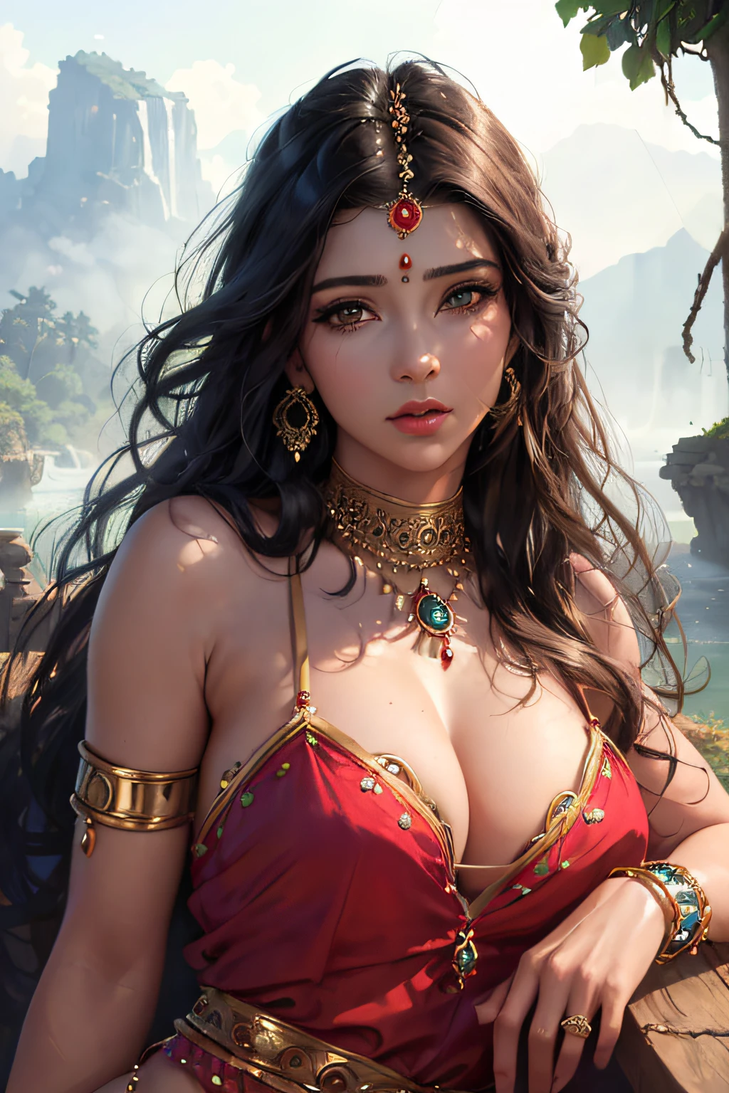 ((realistic:1.5)),((best quality)), ((masterpiece)),((detailed)),
(1girl), (a beautiful female),
(upper body:1.3),super-wide-angle lens,face focus,
mature,sexy,toned muscles,long legs,curvy, barefoot, cleavage,thick thighs,wide hips,
green eyes,long hair,floting hair,long eyelashes,
(detailed face,beautiful eye, detailed pupils, detailed clothes features, clear background:1.3),
(Bindi,Jhumkas:1.3),
(Dress,Armlet, Haar, Payal,Maang Tikka,Jhumkas,Kamarband,Bangles:1.3),
ancient temple, lush forests, deep canyons,bridge,river,cliff,cloud, lakes,rock,waterfalls, flowers, grass, fog,vine,tree, smoke,
best shadow,bright details,sharp,perfect composistion,
Intricate, Sharp focus, dramatic,
(specular lighting:1.3),rim light,
photorealistic painting art,by Frank Frazetta,by Julie Bell,by Olivia De Berardinis,by Luis Royo,by boris vallejo,