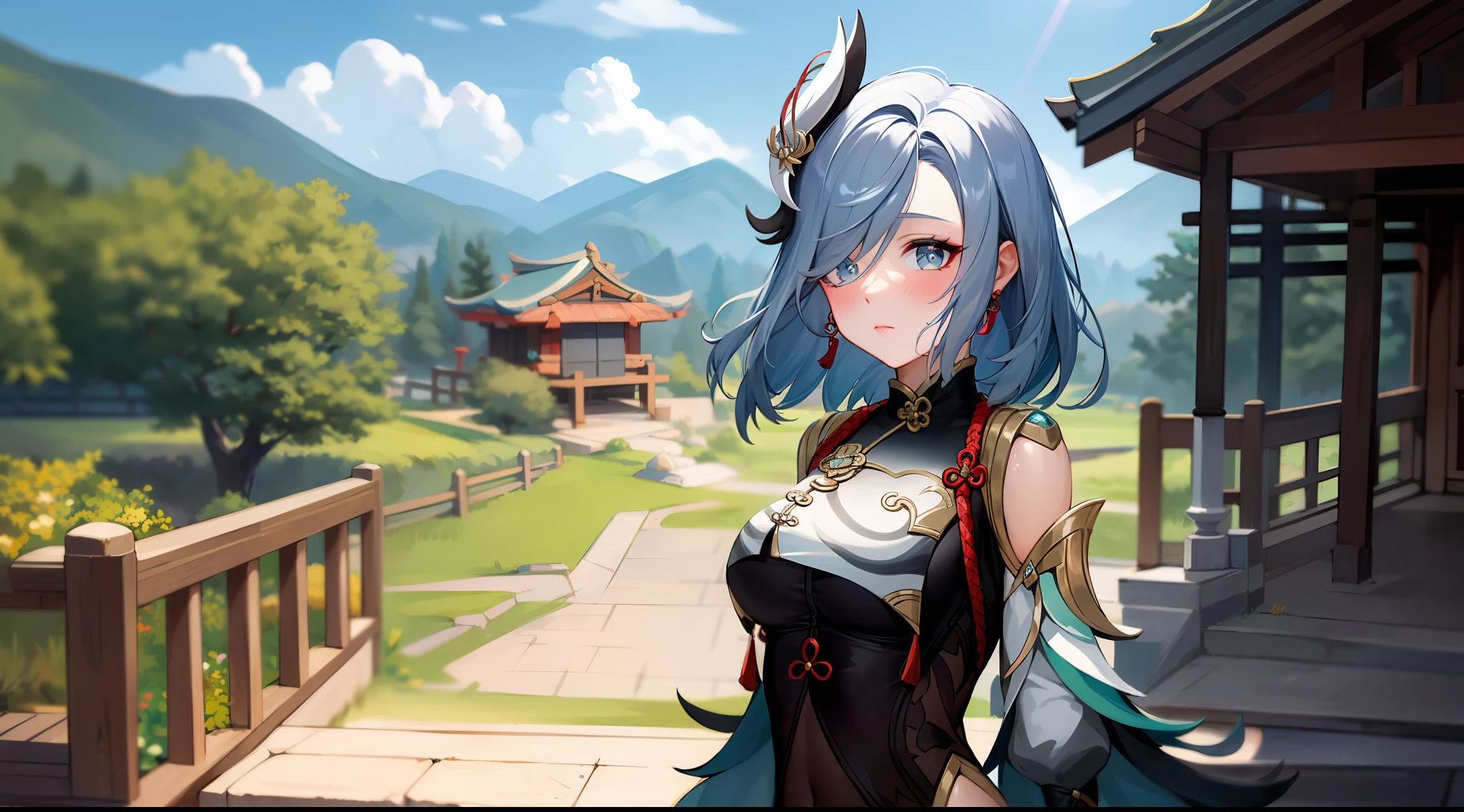 shenhedef, upper body, no expression, blush, outdoors, day, liyue house background, blue sky, short hair, sky, temple, looking at viewer, stairs, mountain, moody lighting,