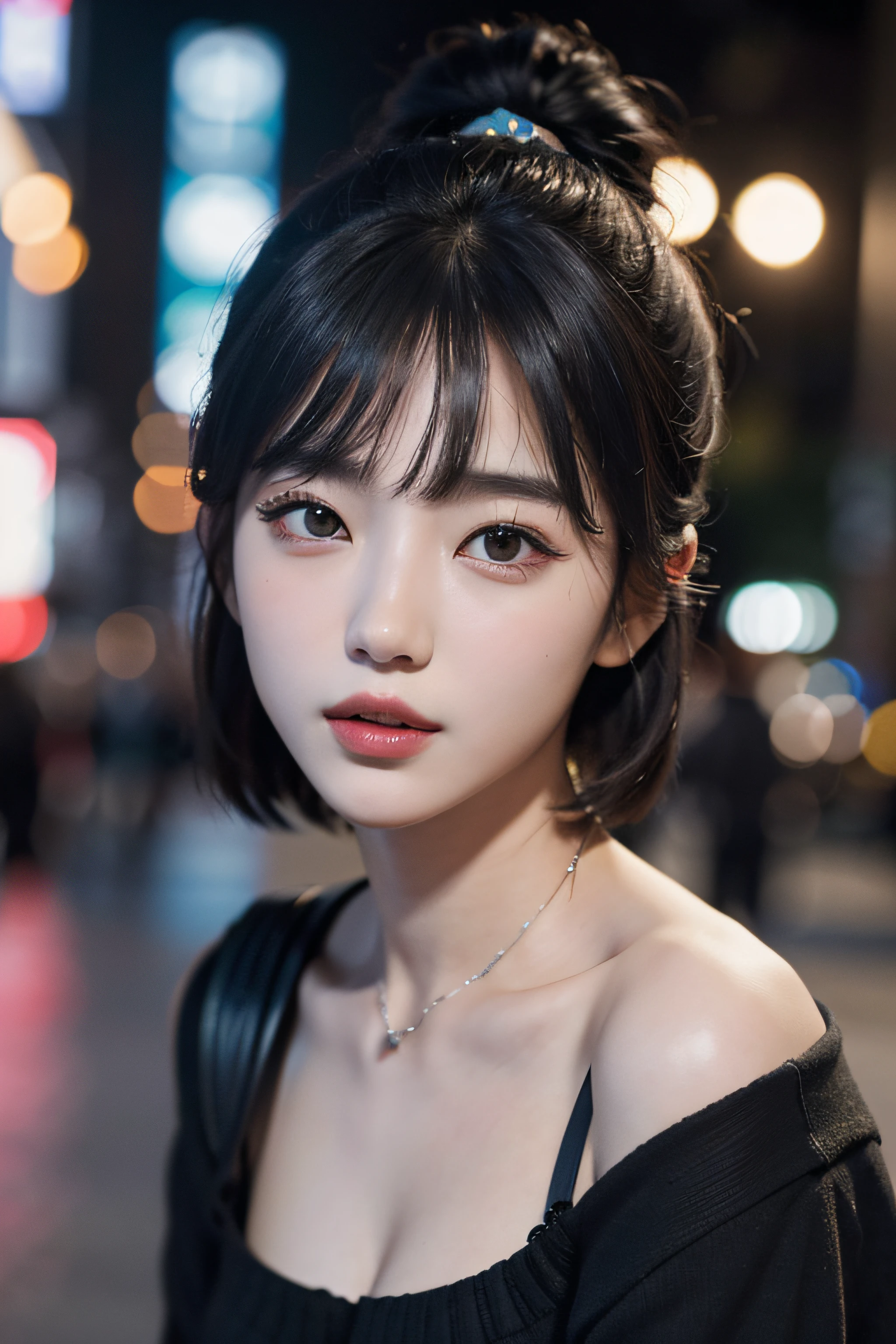 (1 Korean star with royal sister style), ((best quality, 8k, masterpiece: 1.3)), focus: 1.2, perfect body beauty: 1.4 , (funny expression), (night street: 1.3), highly detailed face and skin texture, fine eyes, double eyelids, whitened skin, (air bangs: 1.3), (round face: 1.5), (thin strap top: 1.4),