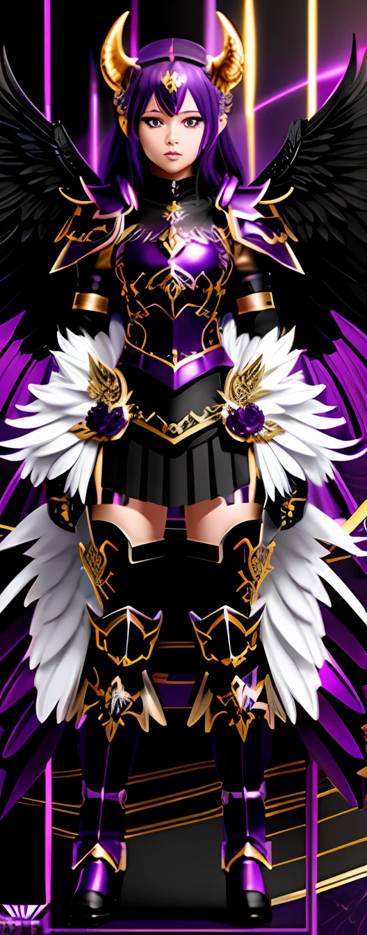 (Demon Angel in Heavy Black, Purple and gold armor with high-quality details)