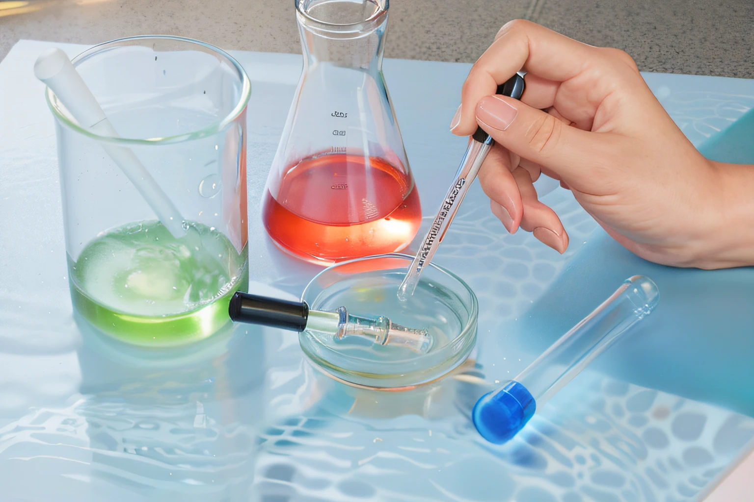 Glass dropper in hand on a beaker filled with liquid, Do experiments in the lab, test tubes, scientific glassware, kagaku, glass labware, environmental shot, clear liquid, chemical substances, kagaku, reagents, full subject shown in photo, Beaker for colored liquids, The table top is light pink