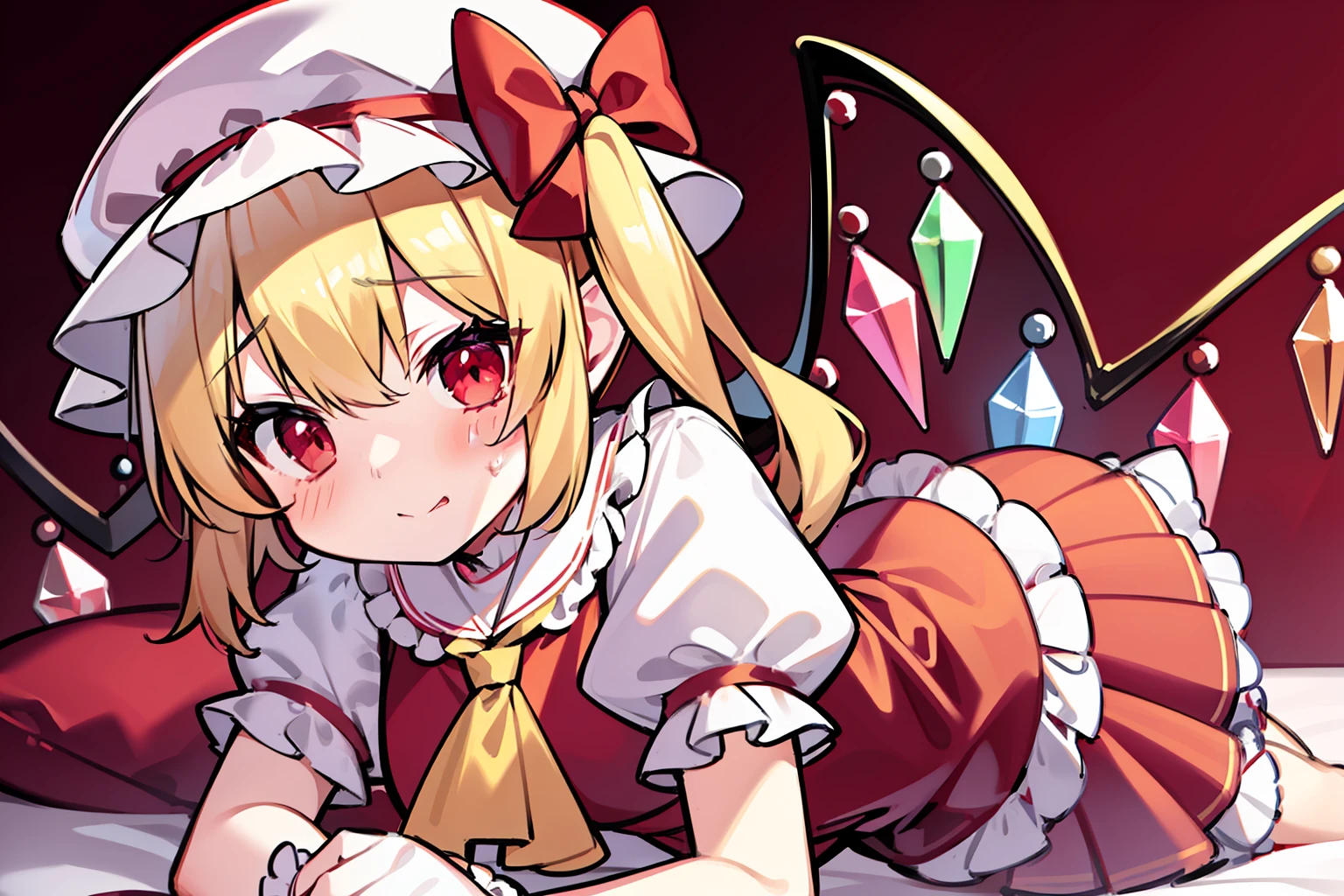 Flandre Scarlet、blushed face、Get in bed、White soft hat, Red Hat bow, Blonde hair, Side Ponytail, Red Eyes, shiny eyes, tusk, Red vest, Short sleeves, Puffy sleeves, yellow ascot, Red frilled skirt,