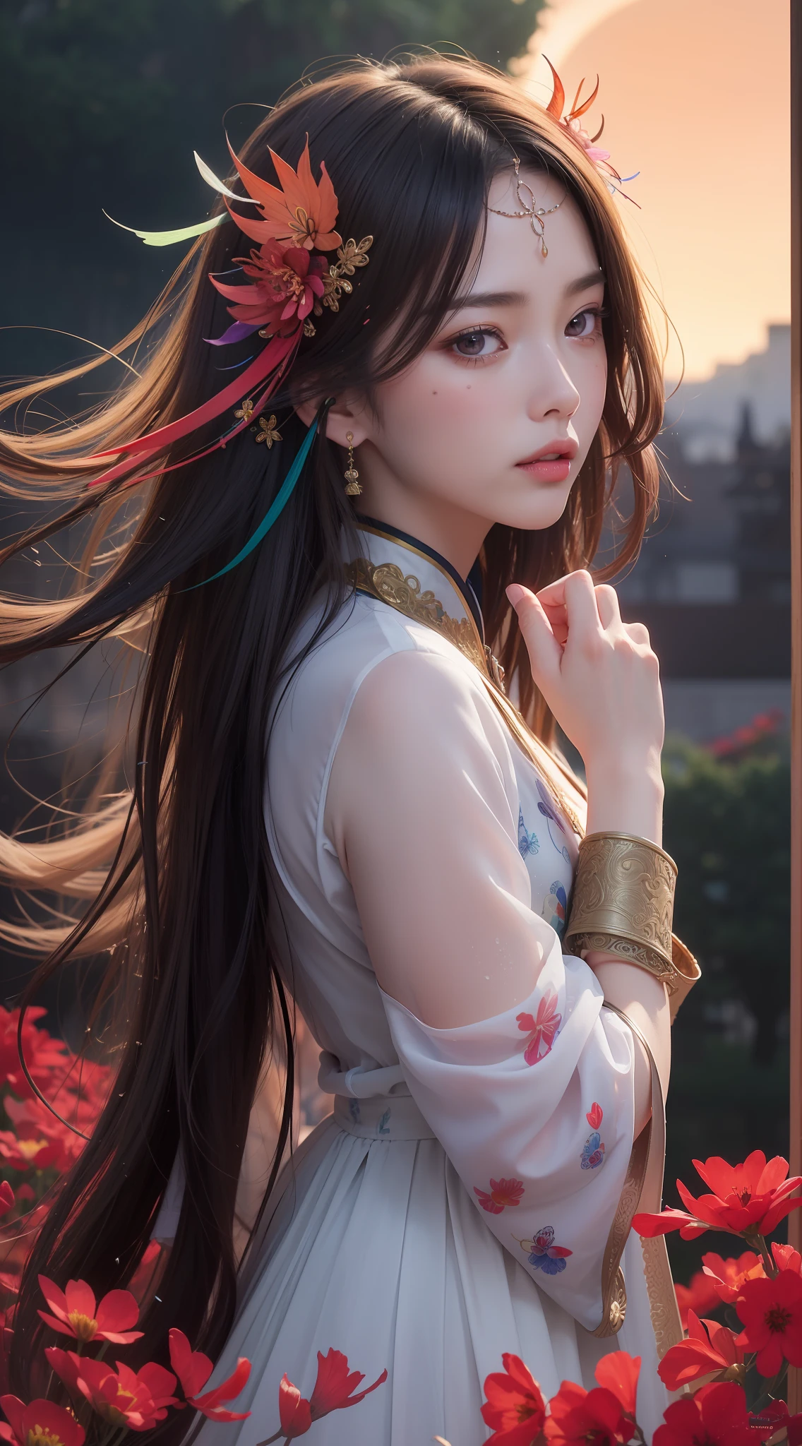 (8k, RAW photo:1.2),best quality, ultra high res,dramatic angle,(fluttered detailed color splashs), (illustration),(((1 girl))),(long hair),(rain:0.9),(hair ornament:1.4),there is an ancient palace beside the girl,chinese clothes,(focus on), color Ink wash painting,(color splashing),colorful splashing,(((colorful))),(sketch:0.8), Masterpiece,best quality, beautifully painted,highly detailed,(denoising:0.6),[splash ink],((ink refraction)), (beautiful detailed sky),moon,highly,detaild,(masterpiece, best quality, extremely detailed CG unity 8k wallpaper,masterpiece, best quality, ultra-detailed),(Lycoris radiata),