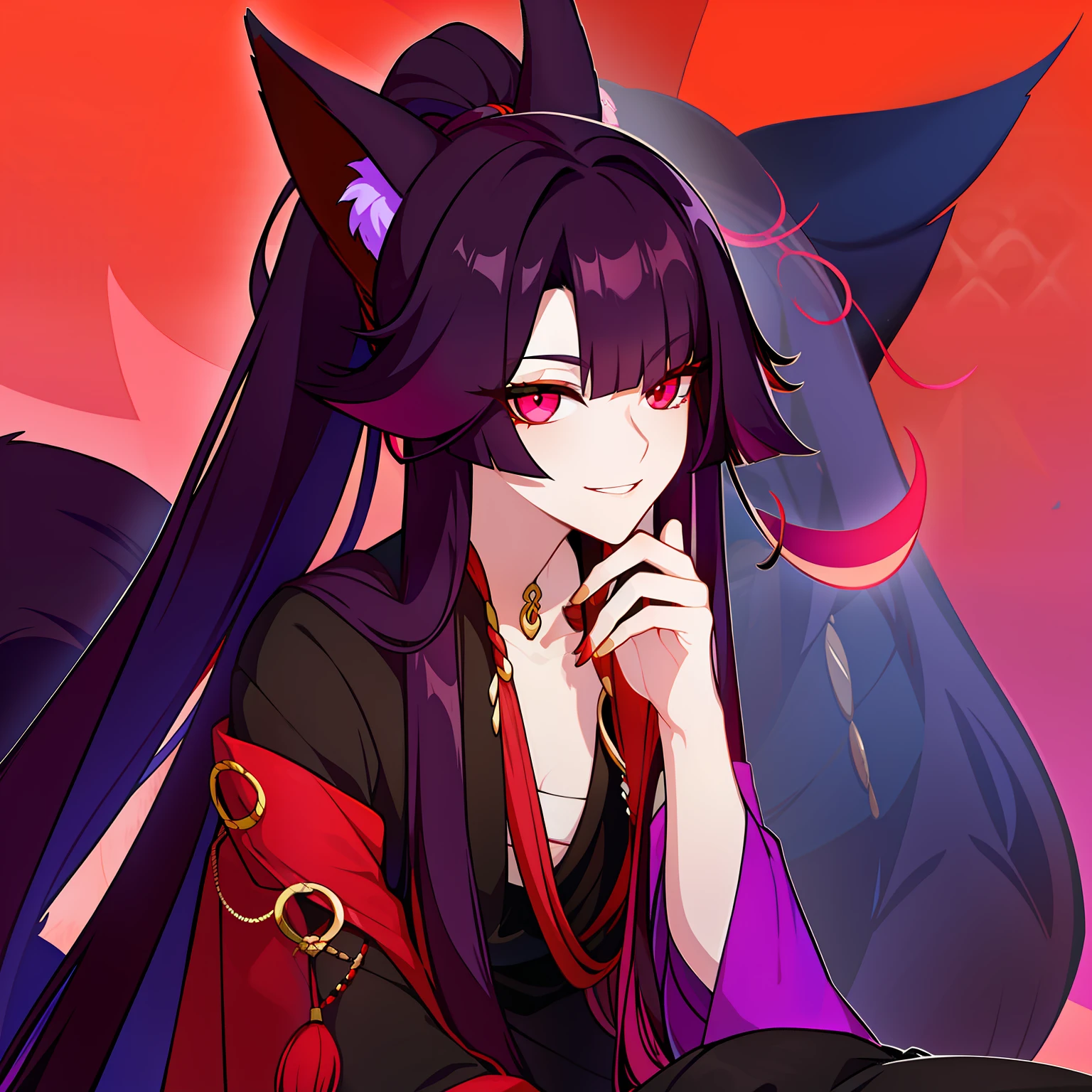 Young guy, pretty facial features, long dark purple hair, half gathered in messy ponytail, half loose, dangerous bright red eyes, black fit clothes with many jewels, fox ears and tail, mad smile