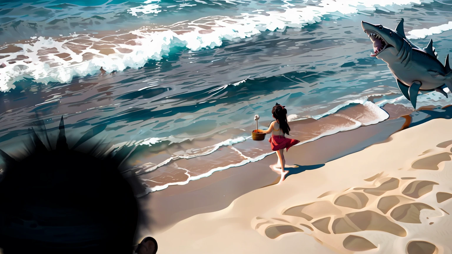 image of an animal with half of the upper body in the shape of a shark and the other half of the waist down of a sewer rat, they are on the sand of the beach in the midst of several people who are enjoying the summer on the beach, people in the water from the sea, fat women in bikinis, old men with big bellies, children defecating, family on a picnic eating a roast chicken