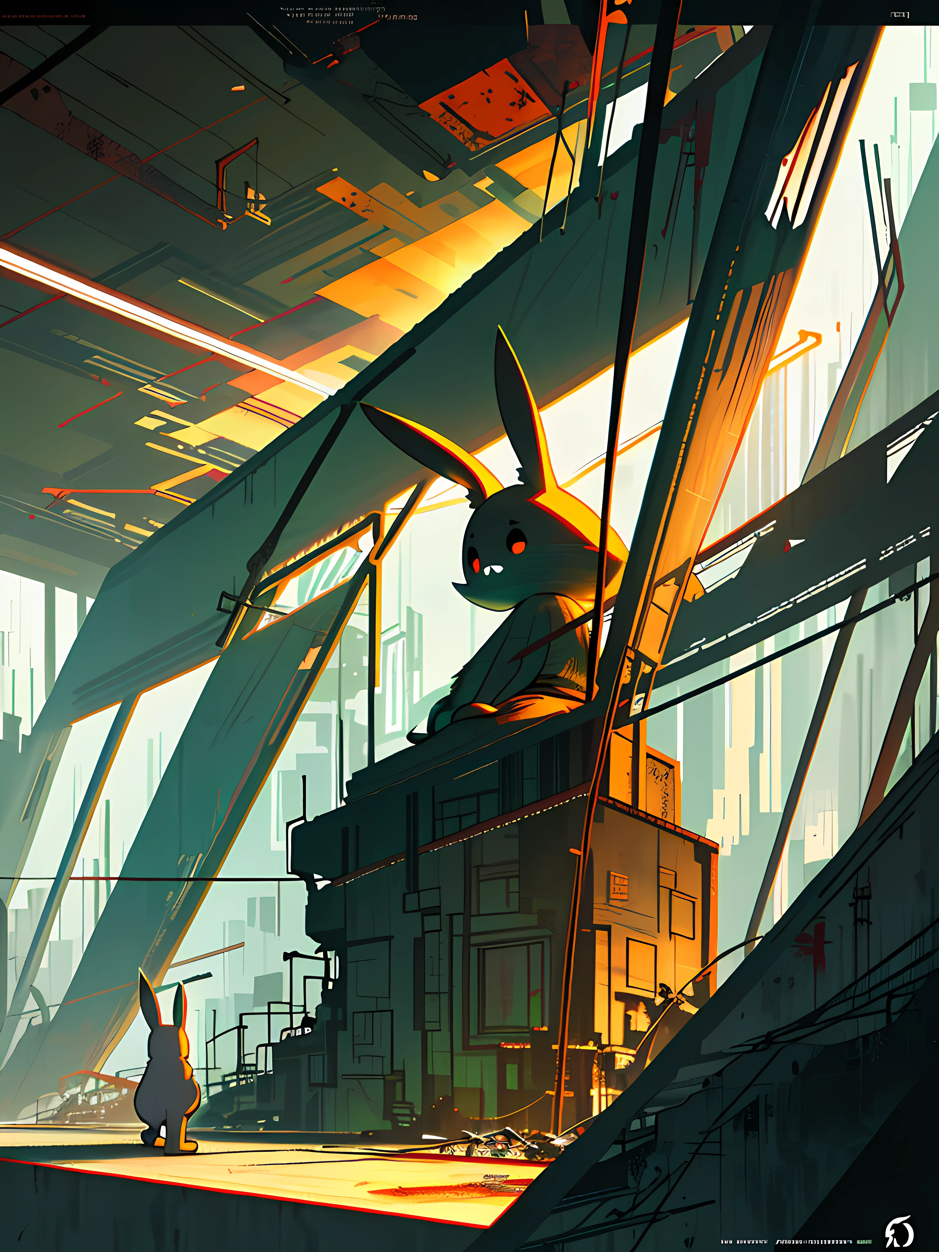 (blame! style abandoned tech landscape), (Zen, Amy Sol style), (underground, dark, foggy, perilous, abandoned dystopian apartment bedroom, deep windows), (abstract anthro rabbit figure wearing bunny ears), cover art with light abstraction, abstract, simple vector art, contemporary Cybernetic art, color gradients, soft color palettes, layered forms, whimsical animation, style Ethereal abstract, 4K, --v6
