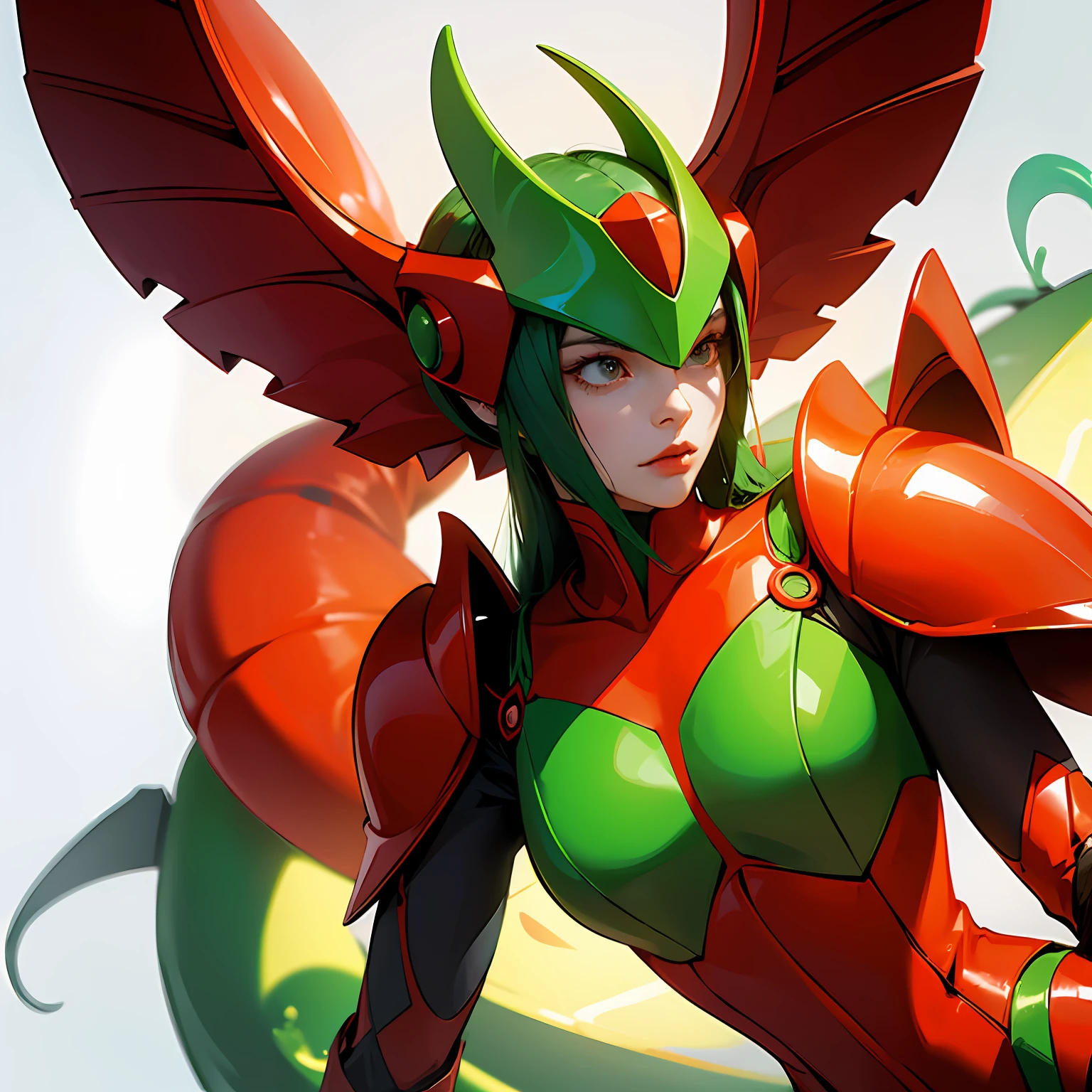 Cartoon photo of a woman in a green and red costume、Hot Insect Humanoid Female、Guyver Style、sfw version、Scarabeleploid、tail、Cel Shade Adult Animation、Alien Queen、Head visor