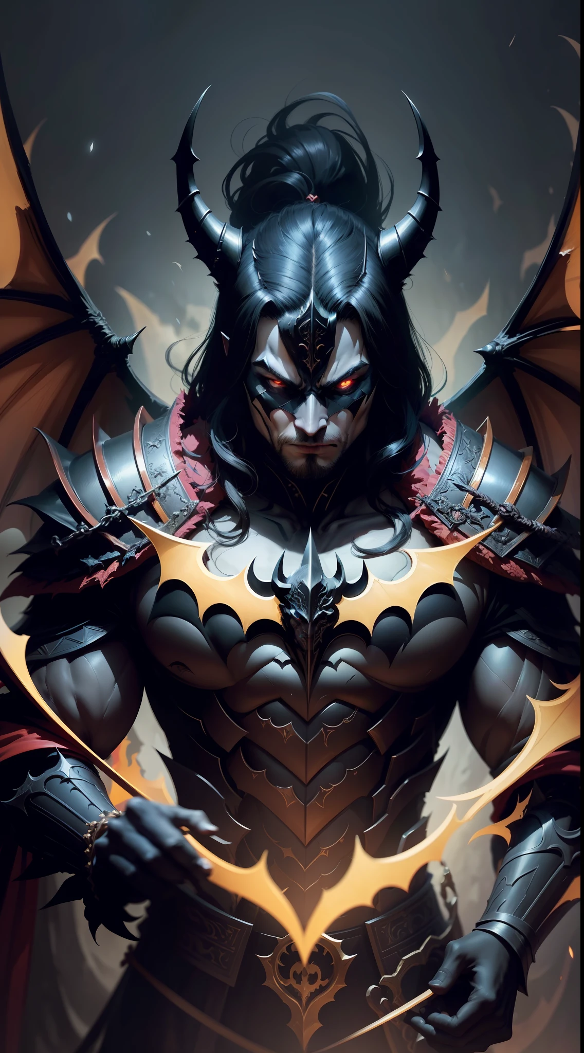 a close up of a batman in a costume with a dragon on a black background, beautiful male god of death, ruler of inferno, ornate supreme demon overlord, the god emperor of mankind, onmyoji detailed art, demon noble character design, demonic dragon inspired armor, beautiful elegant demon king, epic fantasy digital art style, epic fantasy art style hd