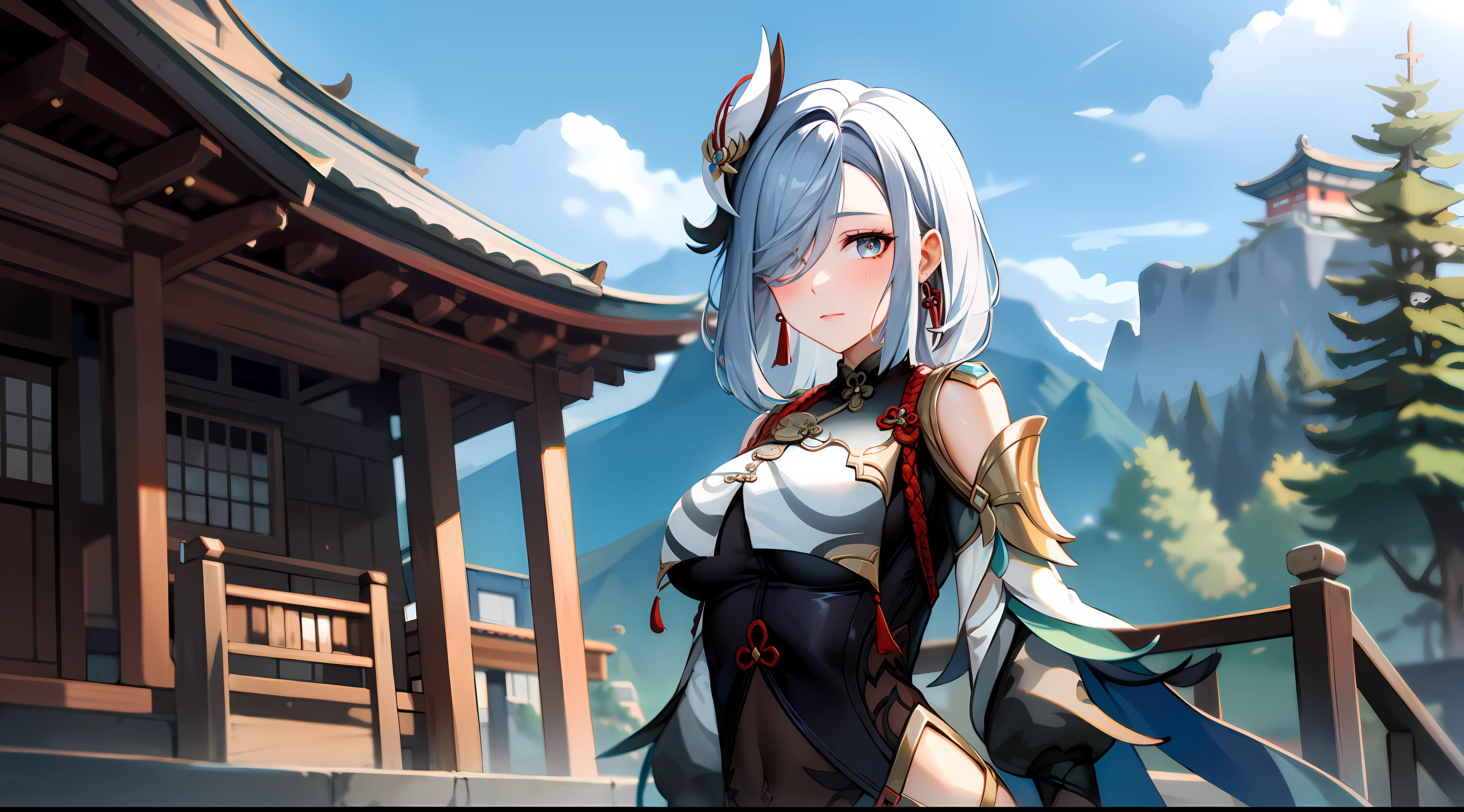 shenhedef, upper body, no expression, blush, outdoors, day, liyue house background, blue sky, short hair, sky, temple, looking at viewer, stairs, mountain, moody lighting,