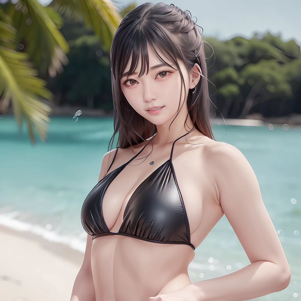 Arafe asian woman in black bikini posing on the beach, wearing a swimming wear, Beautiful Asian Girl, wearing leather bikini, Realistic Young Gravure Idol, Hot with shining sun, Japanese Models, Young Pretty Gravure Idol, Gorgeous young Korean woman, wearing two - piece swimsuit, Young Sensual Gravure Idol, beautiful Korean women, gorgeous bikini model