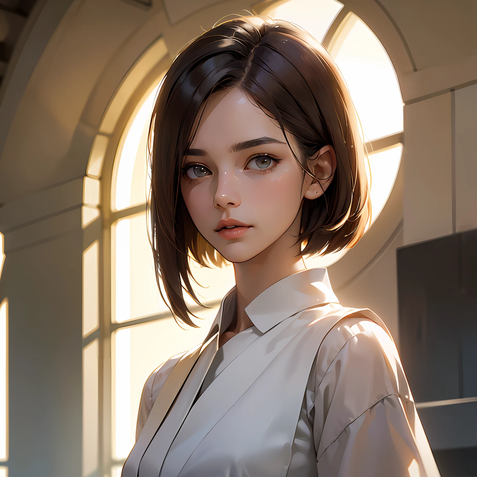 (Airport:1), Afternoon, (Doctor Gown:1), Light Brown Fringe Shorthair, Light Brown Eyes, 1 Girl, 20 Years Old, Innocent, (Photorealistic), (Complex Details:1.2),(Masterpiece, :1.3),(Best Quality:1.4), (Ultra High Definition:1.2), Ultra High Definition, (Detailed Eyes), (Detailed Facial Features), HDR, 8k Resolution, (Lens Flare:0.7) , Reflection, Busy with Inspection Report, Face Viewer