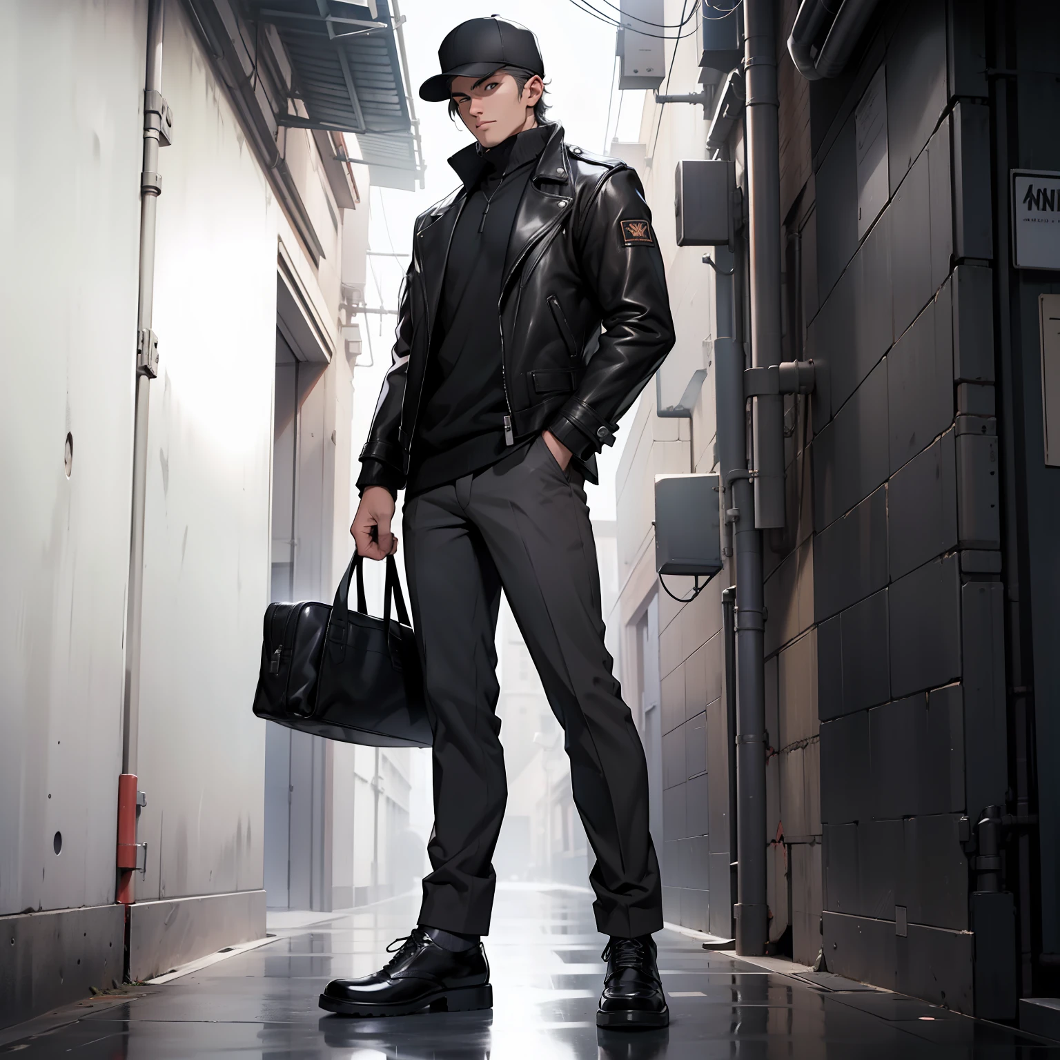 man，23years old，Dark gray hat，Dark gray pants，leather shoes，handsome，standing on your feet，quadratic element，Killing intent，uncanny