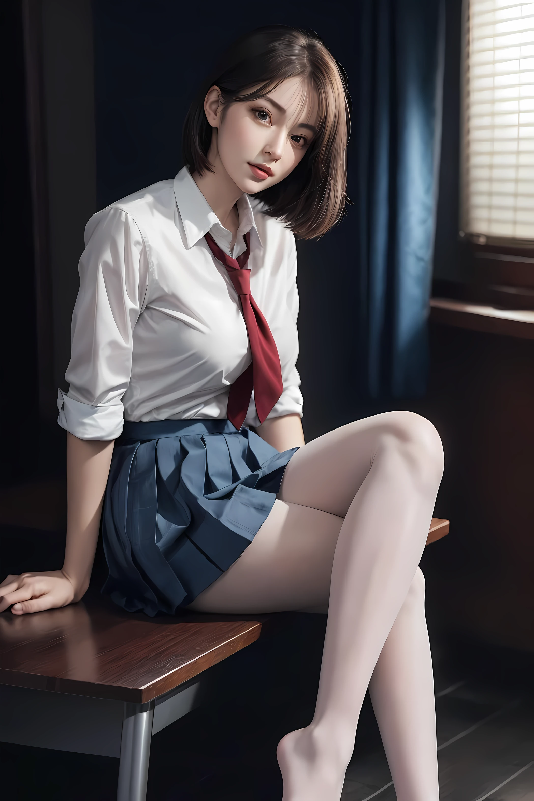 ultra realistic 8k cg, picture-perfect face, flawless, clean, masterpiece, professional artwork, famous artwork, perfect face, beautiful face, beautiful eyes, ((perfect female body)), solo,(immersive atmosphere, chiaroscuro:1.5,bright light:1.2,luminous lighting)
,,(blush:0.5),seductive expression,extremely detailed_eyes,thick thighs,large breasts,
beautifully detailed background,depth of field,realistic:1.3, long shot,1girl,shirt,pleated skirt, school uniform, sitting, full body, 
(ambient light:1.3),(cinematic composition:1.3),(neon lights:0.1),(HDR:0.1),Accent Lighting, white pantyhose,