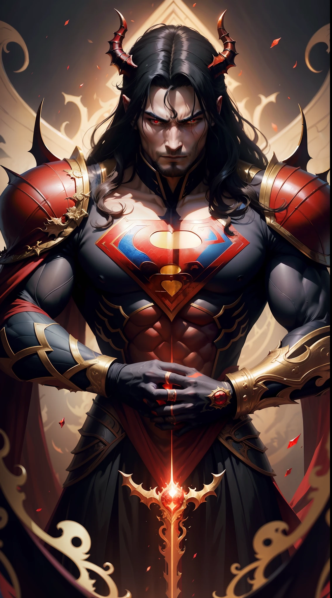 a close up of a superman in a costume with a dragon on a black background, beautiful male god of death, ruler of inferno, ornate supreme demon overlord, the god emperor of mankind, onmyoji detailed art, demon noble character design, demonic dragon inspired armor, beautiful elegant demon king, epic fantasy digital art style, epic fantasy art style hd