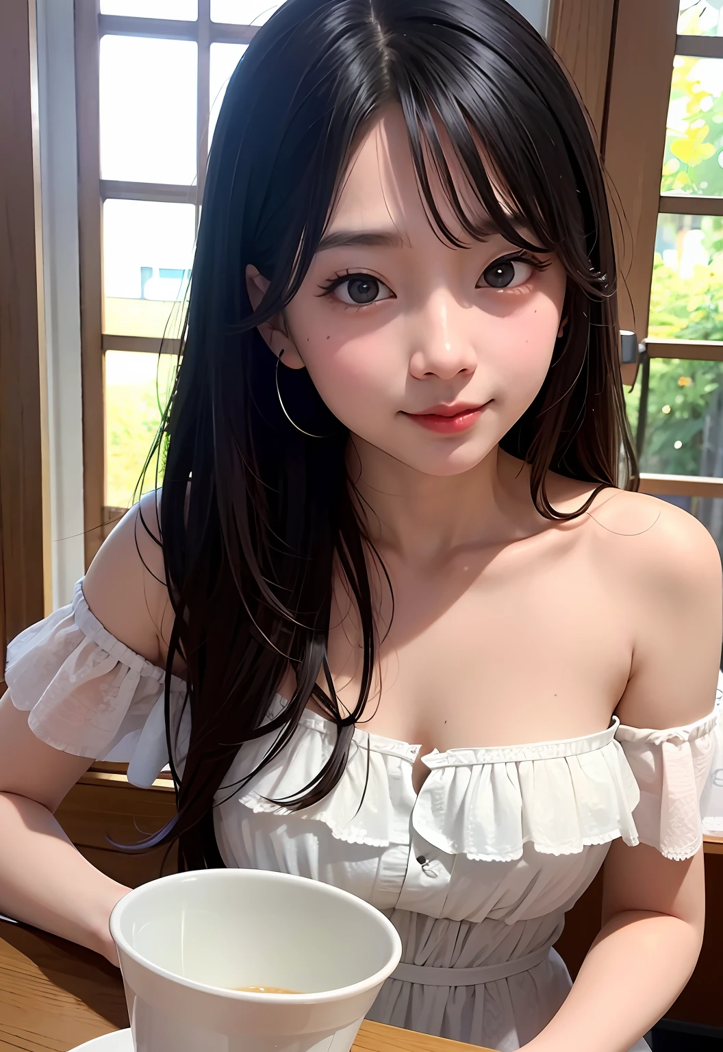 8K、Top image quality、masterpiece、夏天、20yr old、(1 adult female)、Off-the-shoulder dresses、by the window、Eat a parfait at a café、(Facial expressions that enjoy with all their might)、Cinematic lighting、