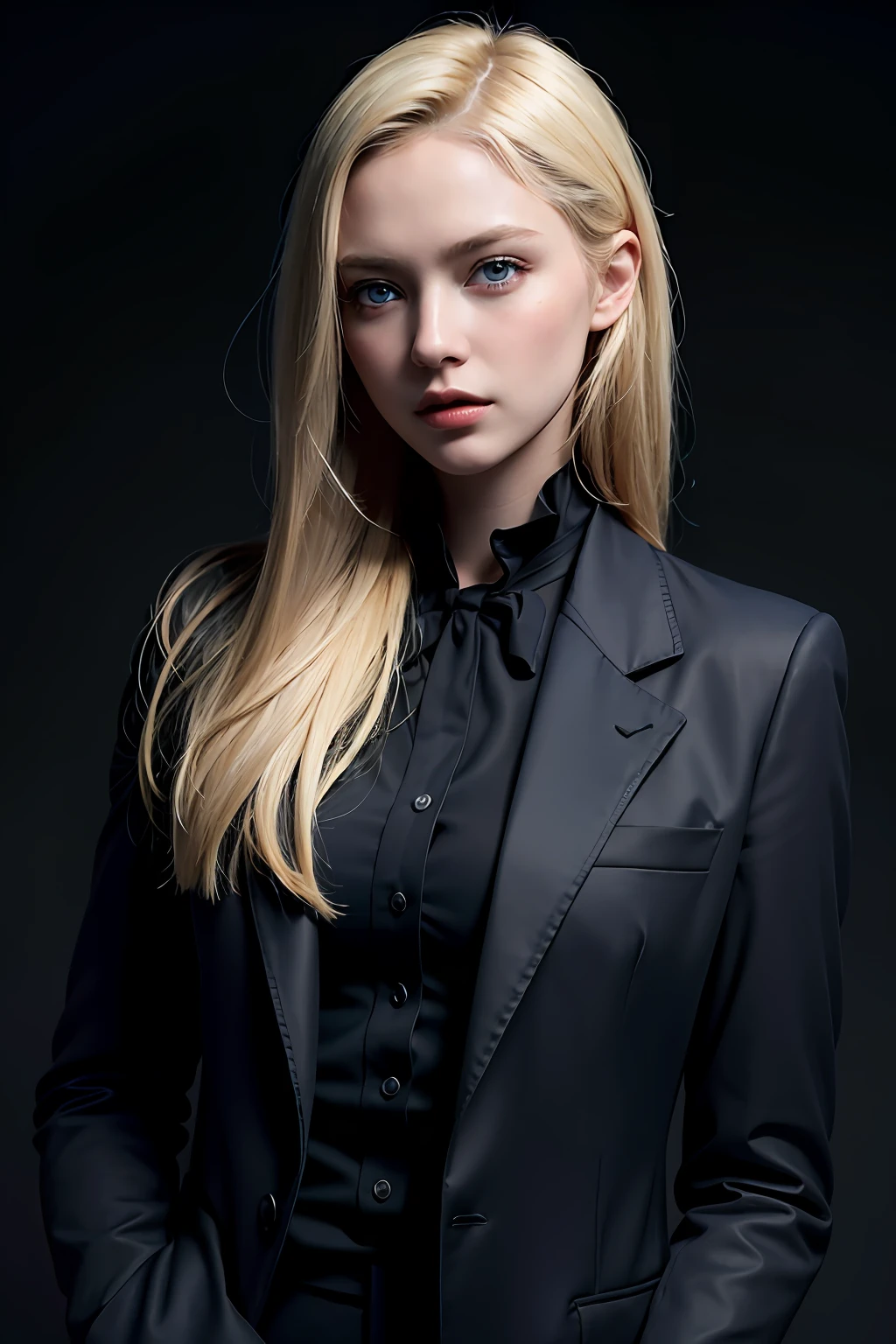 Best quality, masterpiece, ultra high res, (photorealistic:1.4), raw photo, 1girl, blonde hair, blue eyes,  detailed eyes and face, black suit, dynamic lighting, in the dark, deep shadow, low key, cowboy shot full-lenght body