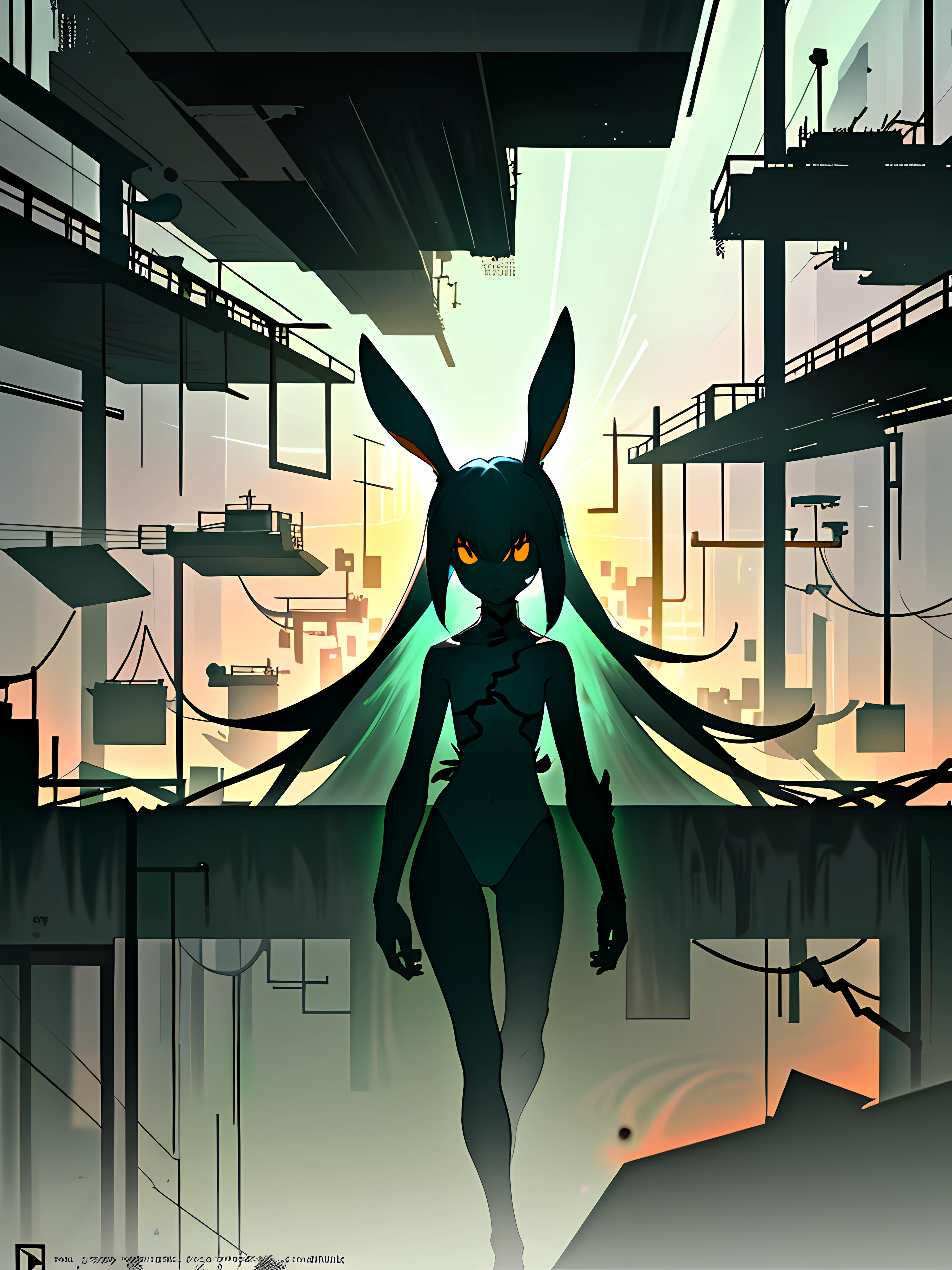 (blame! style abandoned tech landscape), (Zen, Amy Sol style), (underground, dark, foggy, perilous, abandoned dystopian apartment bedroom, deep windows), (abstract anthro rabbit figure wearing bunny ears), cover art with light abstraction, abstract, simple vector art, contemporary Cybernetic art, color gradients, soft color palettes, layered forms, whimsical animation, style Ethereal abstract, 4K, --v6