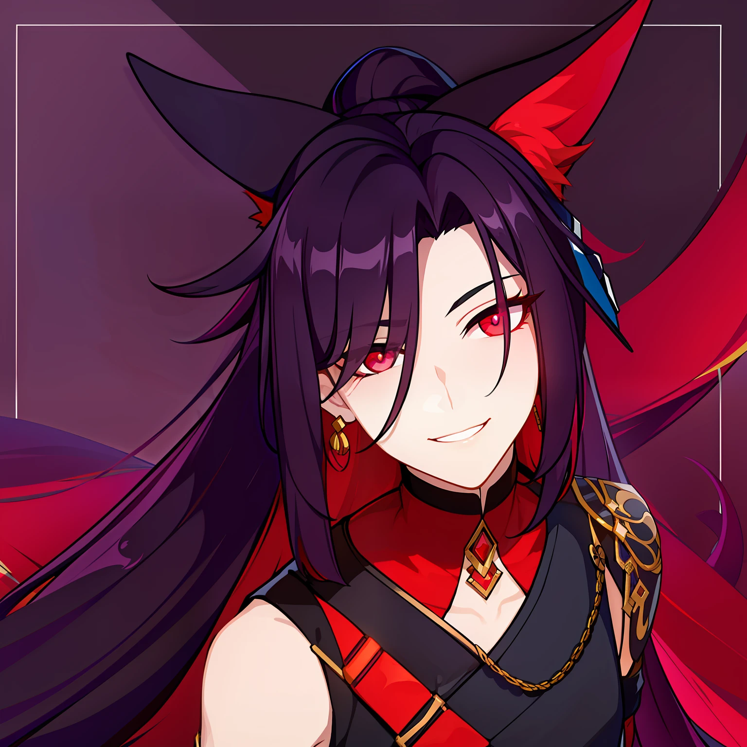 Young guy, pretty facial features, long dark purple hair, half gathered in messy ponytail, half loose, dangerous bright red eyes, black fit clothes with many jewels, fox ears and tail, mad smile