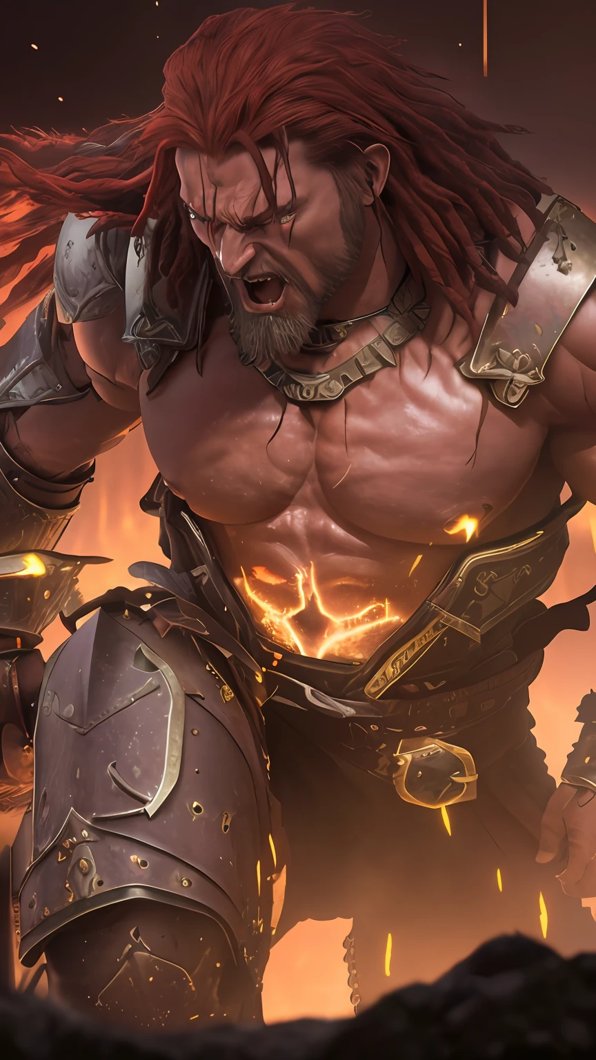 a professional photographic picture full body of a huge orc on a hell standing with axes in hands, (((outrageous  armor))), ((gorgeous detailed face)), (((angry expression))), (wet brilliant skin), (((detailed skin with pores))), (detail hand), (detail eyes), red eyes with dreadlocks red hair, huge rippling muscles, bodybuilder, wearing a fiery belt, ((((patch of reflected light on the skin)))), storm clouds, photorealistic, photographic filter unreal engine 5 realistic hyperdetailed 8 k ultradetail cinematic volumetric lighting, hd, hdr, cinematic 4 k wallpaper, 8 k, ultra detailed, high resolution, glowing rich colors powerful imagery