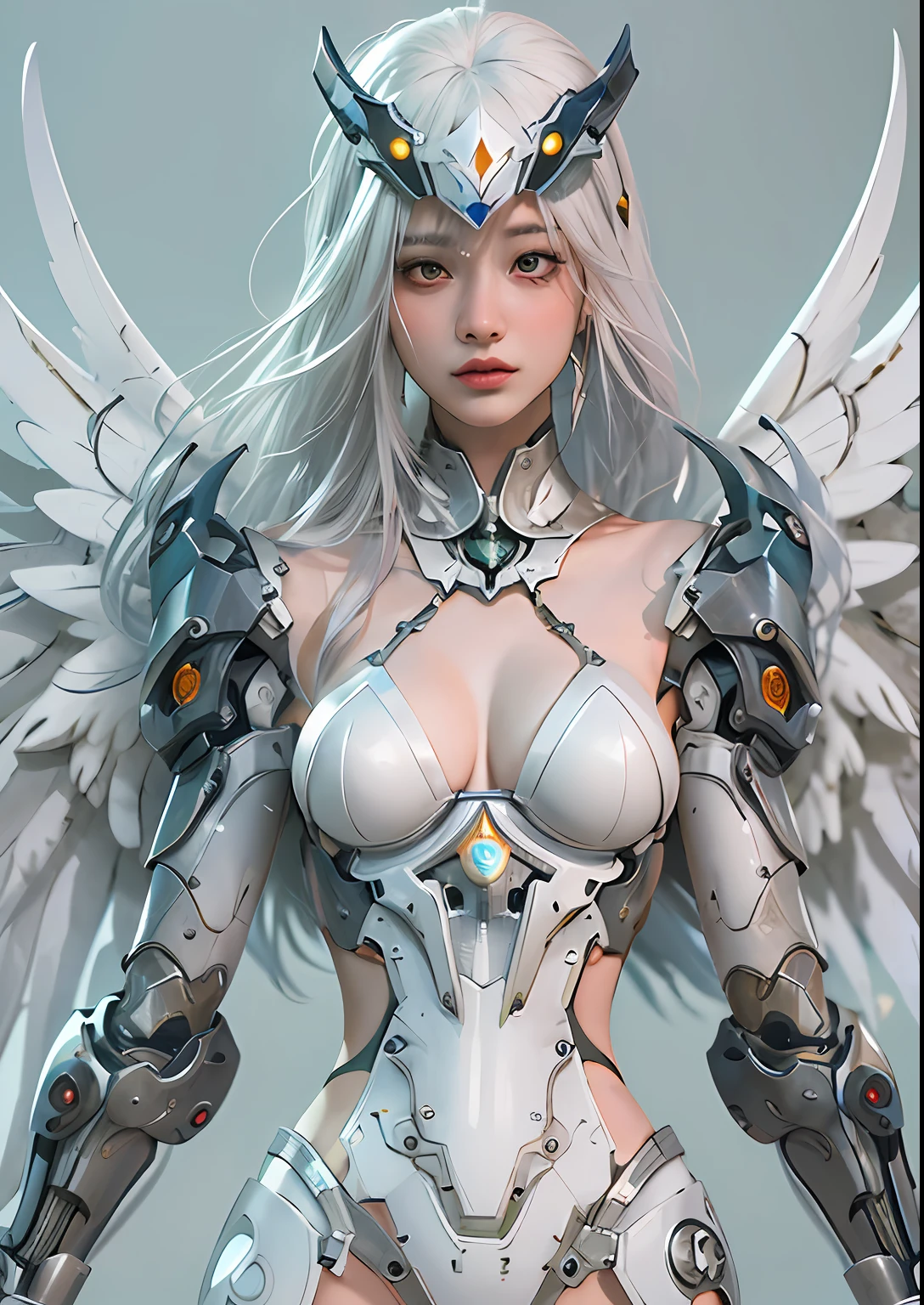 top-quality、​masterpiece、超A high resolution、(Photorealsitic:1.4)、Raw photo、Cyborg Angel、large wings made of metal、White porcelain body、white  hair、glowy skin、1 Cyborg Girl、((super realistic details))、portlate、globalillumination、Shadow、octan render、8K、ultrasharp、character edge light,Colossal tits、Raw skin is exposed in cleavage、Details of complex ornaments、Detailed hydraulic cylinders from Sumer、Small LED lamp、highly intricate detail、Realistic light、a purple eye、radiant eyes、Facing the camera、neon details、cowboy  shot、Futuristic headgear、About Cyberpunk、、