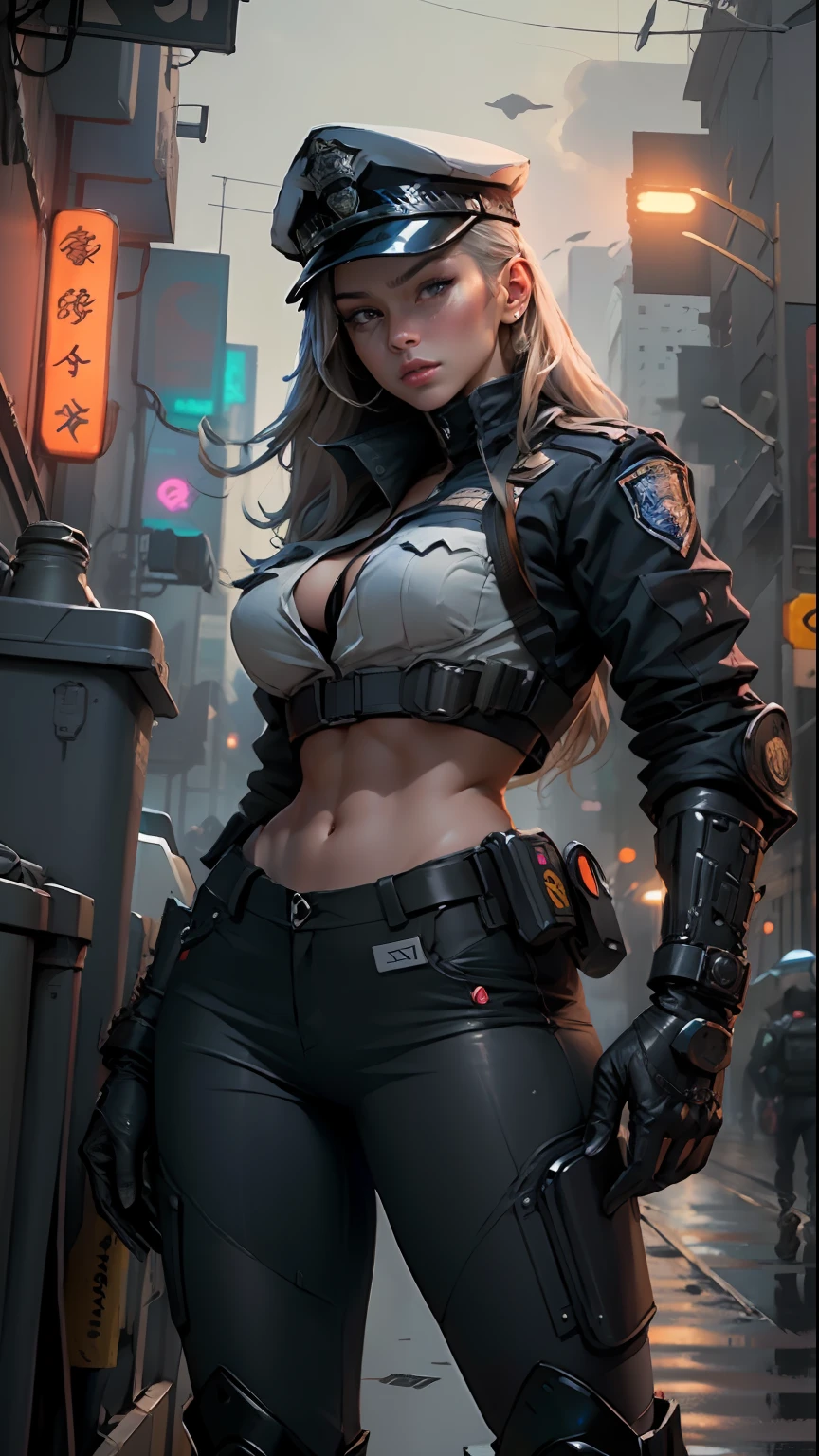 Highest image quality,Outstanding details,超高分辨率,The police of the future,Mecha pie,She wears a futuristic SWAT uniform,She stood in front of the police car,Very sexy,nedium breasts,cleavage,brassier,underdressing,pantiess,Robust body,Sexy and robust,Detailed abs,Detailed muscle lines,dynamicposes,the night,Future city street view background,neonlight,sense of science and technology,future-tech,Very detailed cyberpunk style,cyber punk perssonage,Highly detailed police uniforms,Highly detailed police cap,Highly detailed police force,Highly detailed police badge,Highly detailed armbands,Highly detailed police strips,Highly detailed epaulettes,wear police cap,Highly detailed electric batons,Highly detailed guns,The gun of the future,intercom,Wireless devices,Highly detailed handcuffs,Highly detailed police equipment,Highly detailed police car,Future police car,frontage,Full body photo,Look from the bottom up,look from down, looki at viewer,Normal limbs,Harmonious body proportions,Normal fingers,Normal face,Normal eyes,Normal facial features