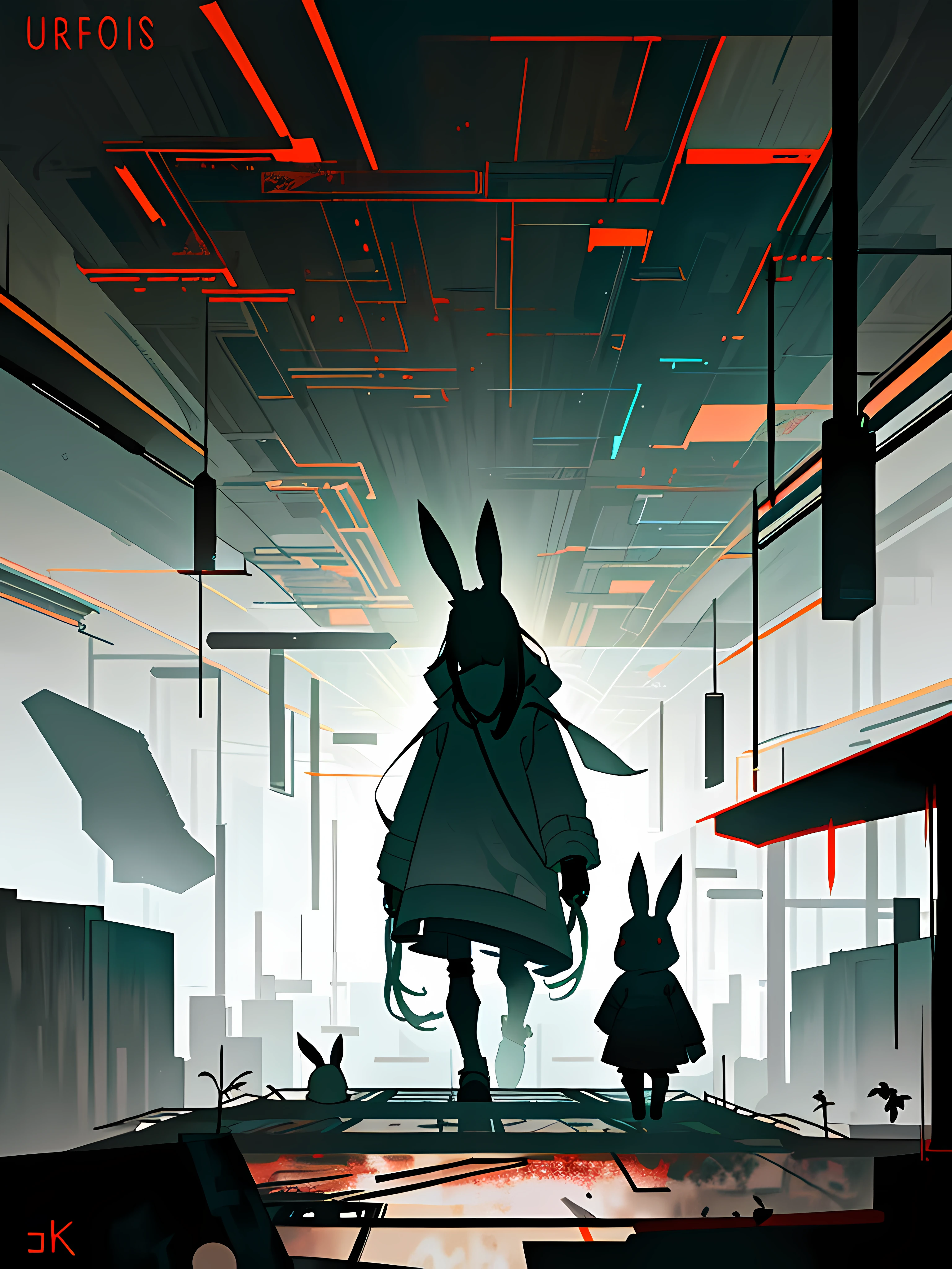 (blame! style abandoned tech landscape), (Zen, Amy Sol style), (underground, dark, foggy, perilous, abandoned dystopian apartment bedroom, deep windows), (abstract anthro rabbit figure wearing bunny ears), cover art with light abstraction, abstract, simple vector art, contemporary Cybernetic art, color gradients, soft color palettes, layered forms, whimsical animation, style Ethereal abstract, 4K, --v6
