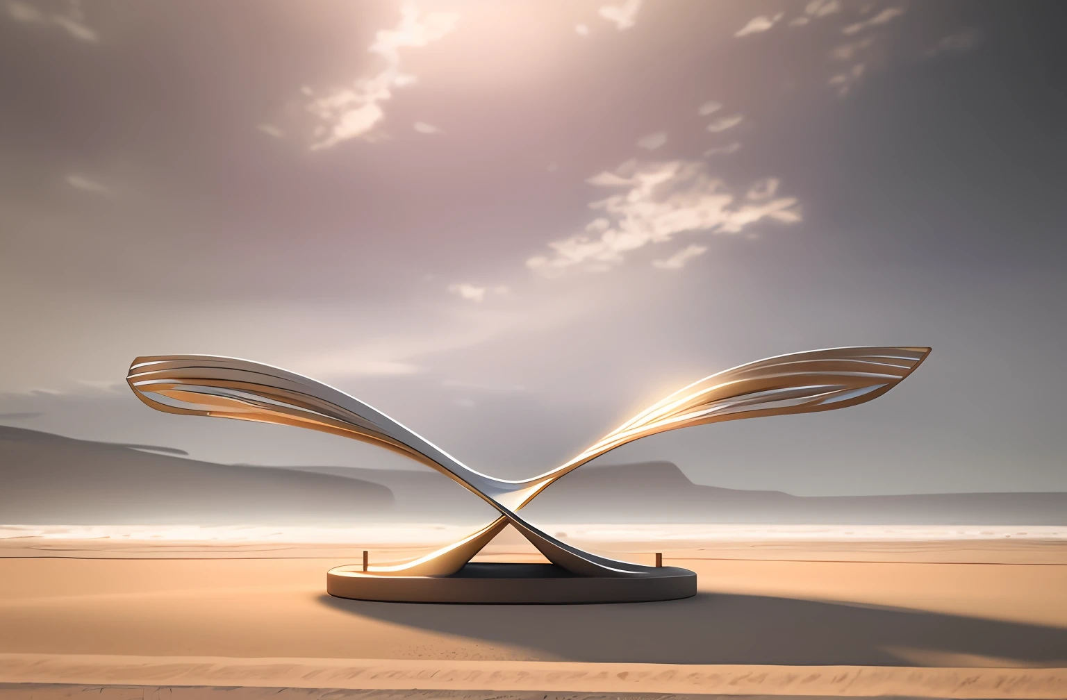 arafed sculpture of a curved piece of metal on a beach, created in octane render, dmt imagery. octane render, rendered in octane render, super rendered in octane render, zaha hadid octane highly render, 3 d sculpture 8 k octane render, daily render, rendered in v-ray, 3 d sculpture octane render 8 k, by Zha Shibiao