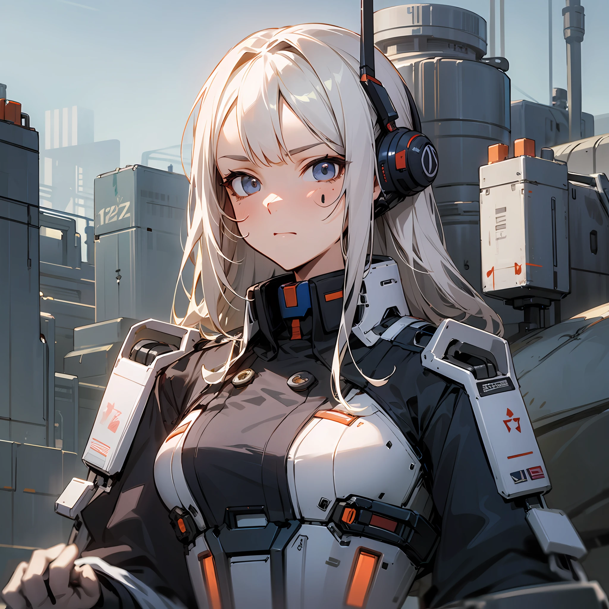 one pretty woman,Clear facial features,Flat expression,black uniforms,Background: A mecha manufacturing yard,Chrono Fortress style
