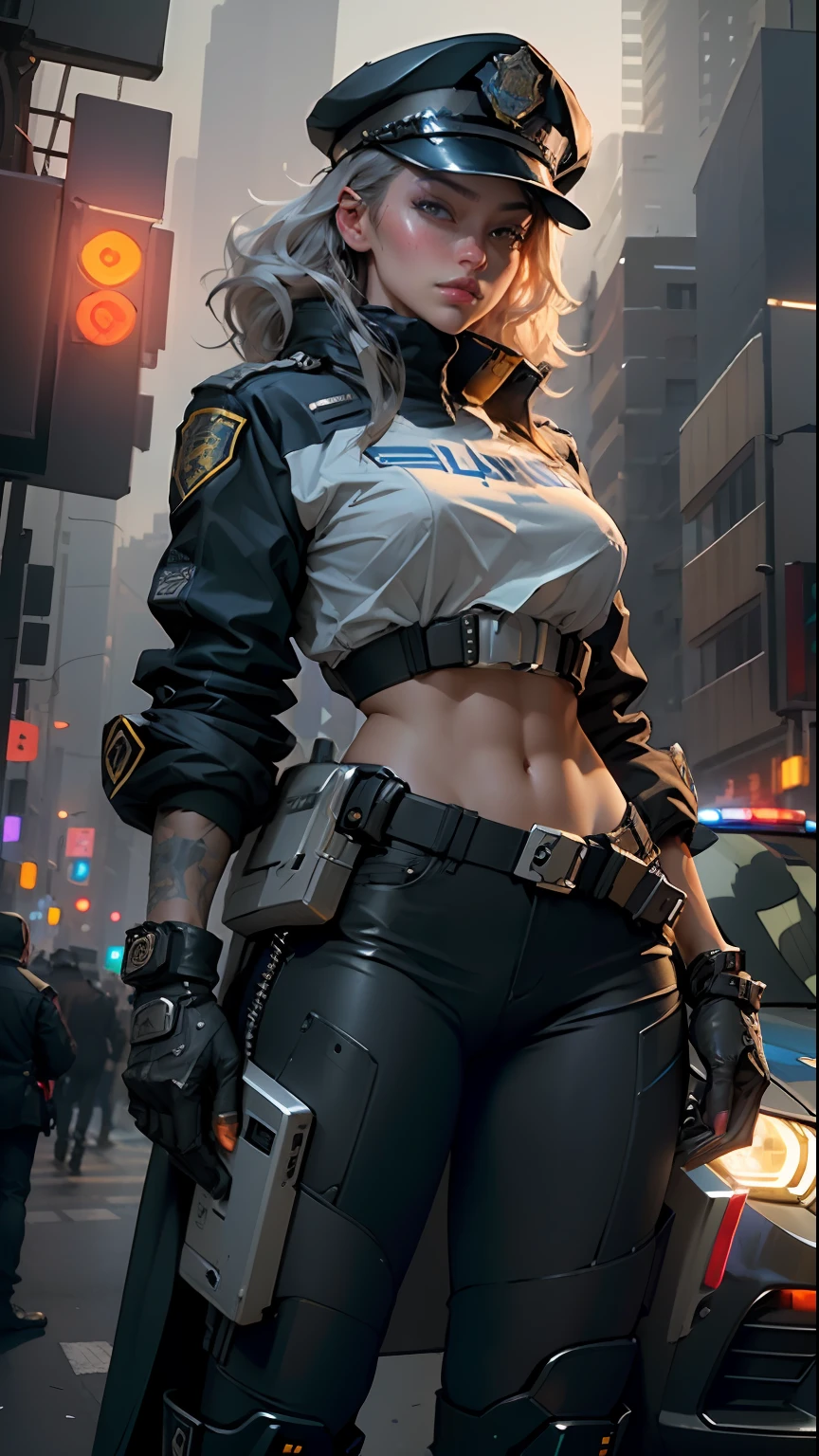 Highest image quality，Outstanding details，超高分辨率，The police of the future，She wears a futuristic SWAT uniform，She stood in front of the police car，Very sexy，Robust body，Sexy and robust，Detailed abs，Detailed muscle lines，dynamicposes，the night，Future city street view background，neonlight，sense of science and technology，future-tech，Very detailed cyberpunk style，cyber punk perssonage，Highly detailed police uniforms，Highly detailed police cap，Highly detailed police force，Highly detailed police badge，Highly detailed armbands，Highly detailed police strips，Highly detailed epaulettes，wear police cap，Highly detailed electric batons，Highly detailed guns，The gun of the future，intercom，Wireless devices，Highly detailed handcuffs，Highly detailed police equipment，Highly detailed police car，Future police car，frontage，Full body photo，Look from the bottom up，look from down, looki at viewer，mechs