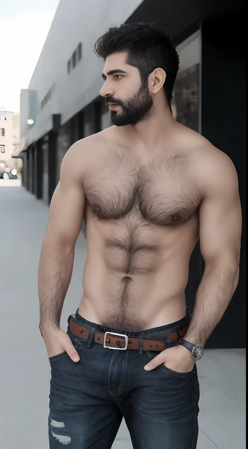 Hombre varonil con barba y ropa elegante parado frente a un edificio, cuerpo musculoso, enfoque en el pectoral, pectorales grandes, pectorales sin vello, cara definida, obra de arte, pelo cepillado,