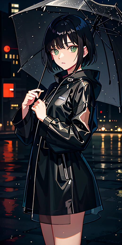 Green eyes, short black hair, Shota, transparent raincoat, dark night, city, rain, ultra-detailed