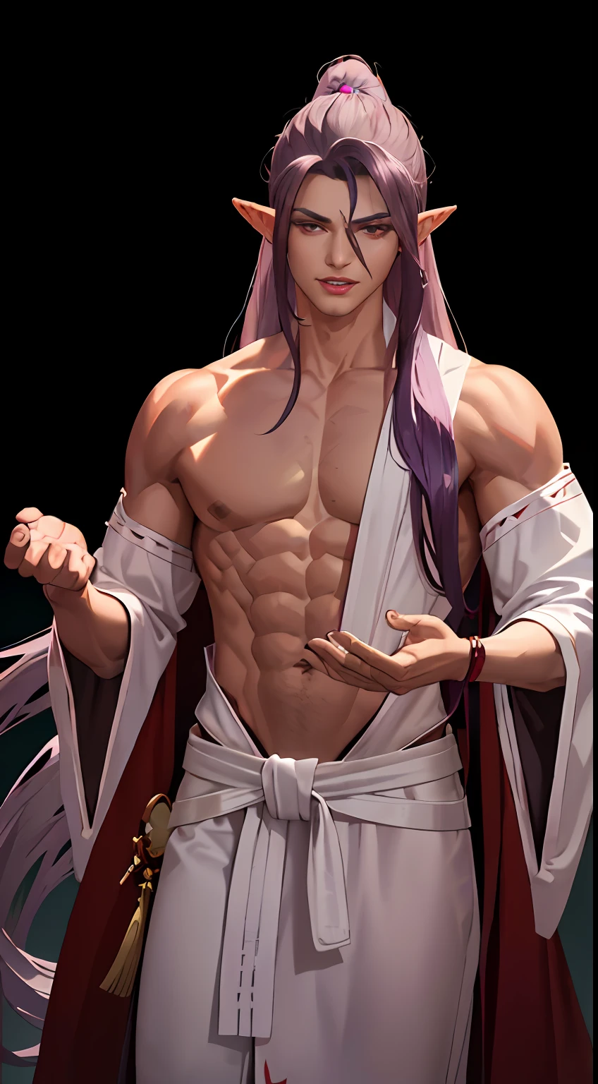 (Photorealistic:1.4),Best quality,4K, Masterpiece,Male,musculature,pointy ears,Light gray skin,Long dark purple hair,red color eyes,Charismatic laughter,Bard,DnD,male people，Strong，musculature，Domineering，Exposing the chest and abdominal muscles，Black Hanfu robe