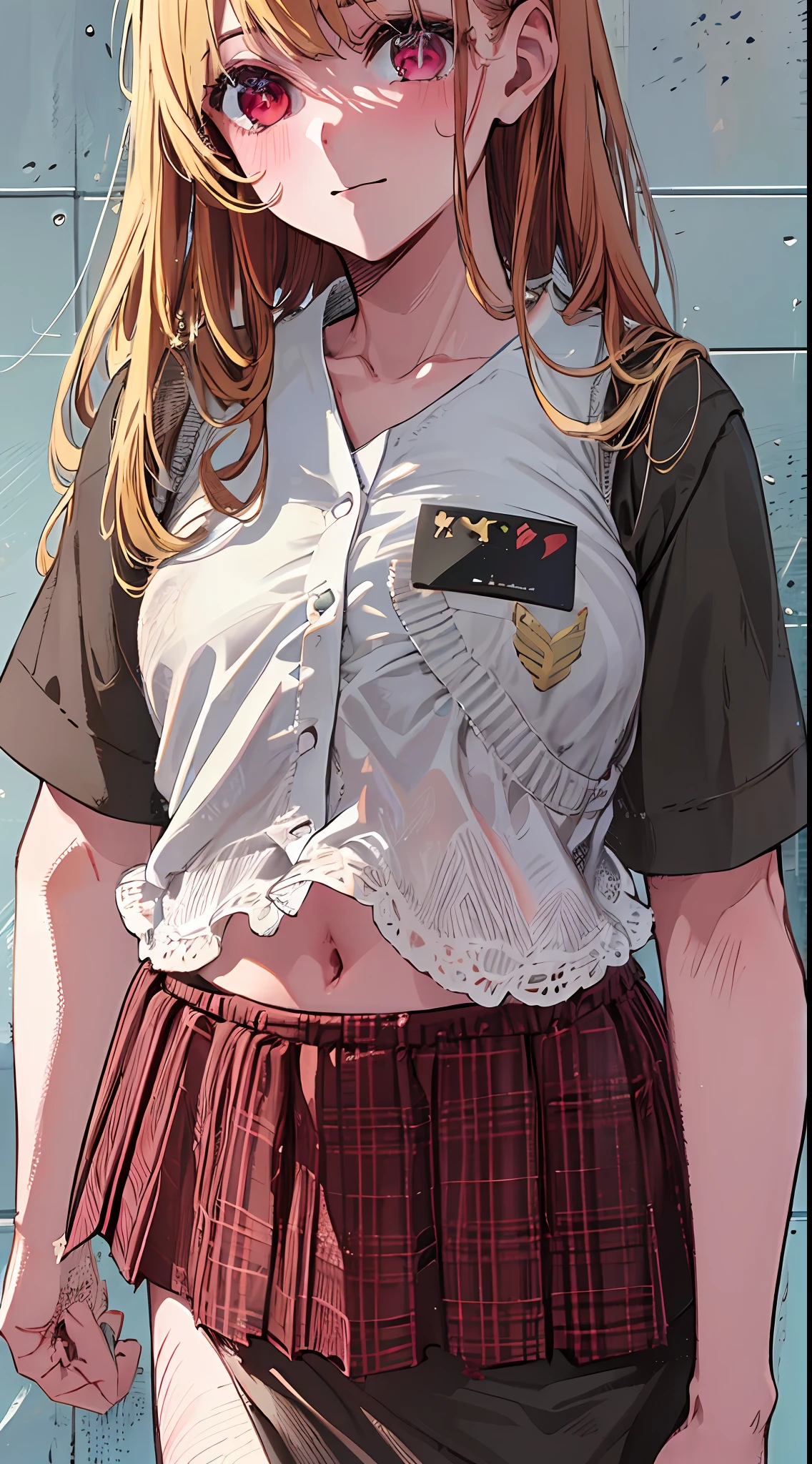 main girl is beautiful and cute, "neat and bright uniform coordination", full body, full body illustration, best illustration, elementary school student, realistic and elaborate uniform, high school uniform, ((highest quality)), ((masterpiece)), (detail: 1.4), anatomical, award-winning concept art, beautiful, fine details, portrait, look viewer, (full body view)), 1 girl, full body, solo, 6 years old, elementary school student, child actor, golden hair, blonde, semi-long hair, red and pink eyes, large eyes, the pupil of the left eye is star-shaped, characteristic pupil of the left eye, pupil of the left eye clear, pupil of the left eye detailed, dark brown blazer, maroon sweater, long checked skirt, dark green and maroon skirt, black hyso, orange large ribbon, white blouse, underwear, panties, skirt, white panties, wet, shirt, wet clothes, skirt lift, blush, classroom, navel,lift under chest, clothing lift, easy background, lifting clothes, uniform, Japan cute school uniform, blazer, look away, short sleeve, loli, skinny, elementary, loli, baby face, cute, young appearance, fantastic visual depiction, professional effects, beautiful girl, petite girl, sweaty transparent clothes, unevenness, absurdity, Heel up loafers, golden hair, red and pink eyes, the main girl is beautiful and cute