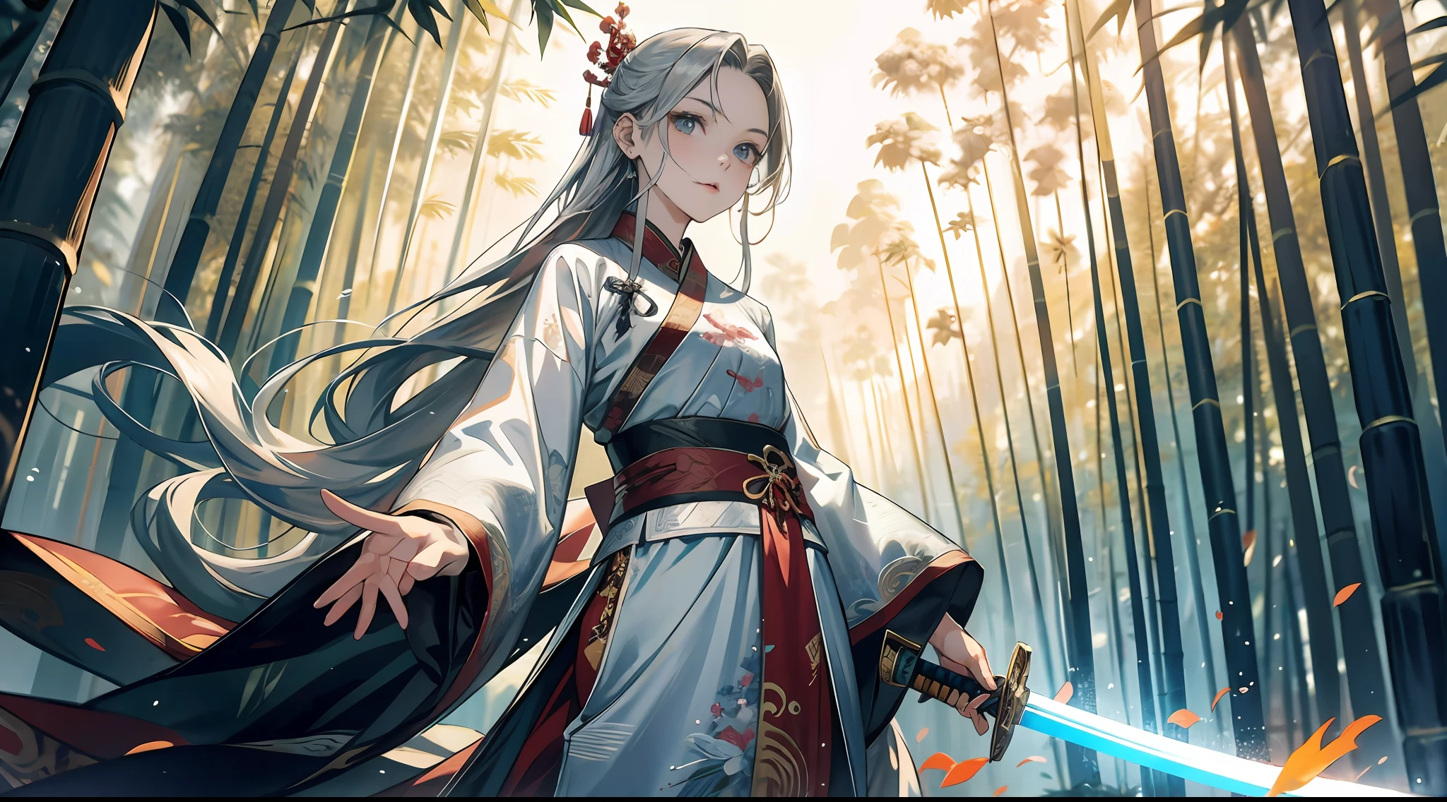 Best picture quality，tmasterpiece，超高分辨率，16k，Very detailed faces，art  stations，poster for，The intense use of color，One-man display，Absolutely beautiful，A girl holding a sword，Silvery hair，Long flowing silver hair，Red silk Chinese dress，Hanfu，Embroidery，Standing motion，Standing in a bamboo forest with a sword on his back，bamboo forest background，bamboo forrest，Dramatic composition，电影灯光，Front Shooting，Bamboo leaves fall in the air