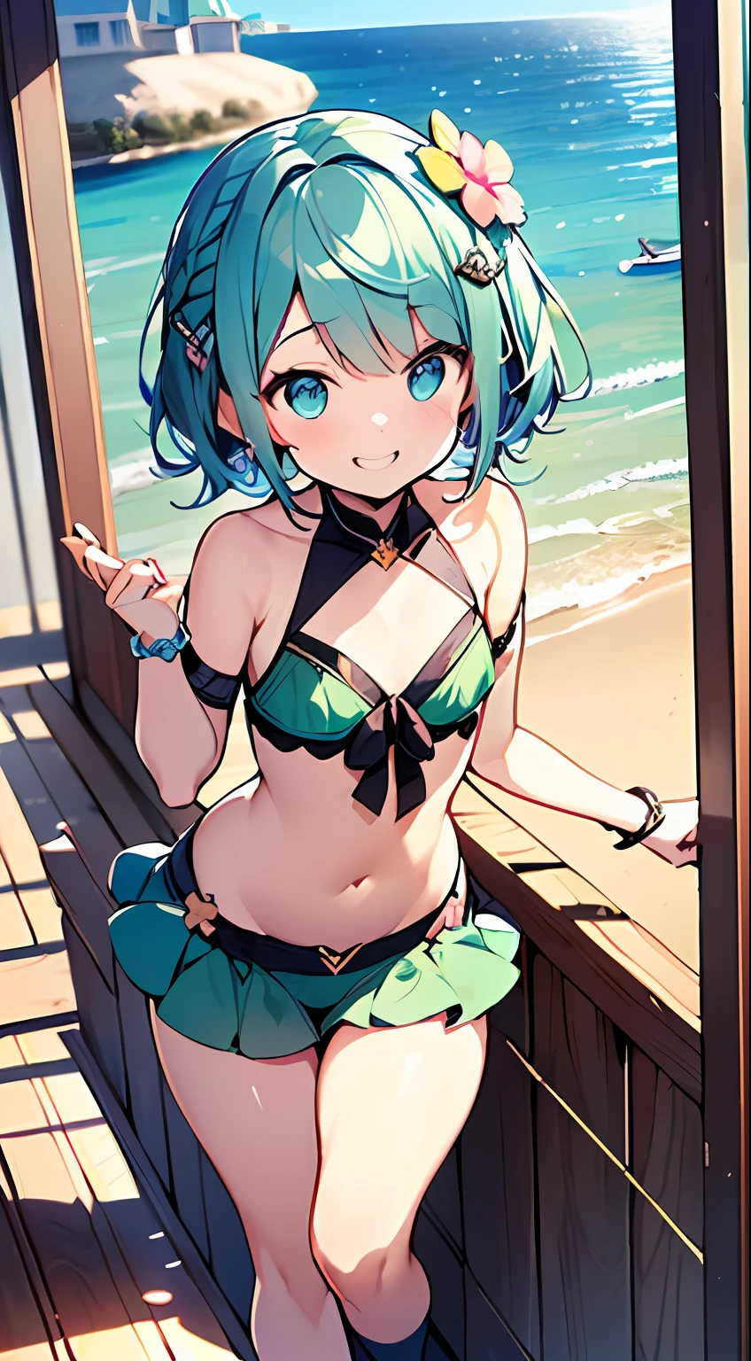 (Incredibly ridiculous absolute resolution:1.5)、hiquality、top-quality、masuter piece、Anime girl in green and blue bikini, 魅惑的、Anime , 8k Manga Wallpapers, heart mark、Smile、Shy laughter、((small curvy loliretty anime girl,((Summer Sea)、(Medium Shorthair)、(short braided hair)