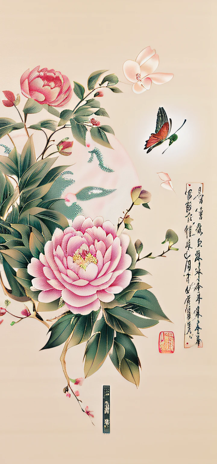 Traditional chinese painting，peony flower，Gongbi drawing style，green leaf，butterflys
