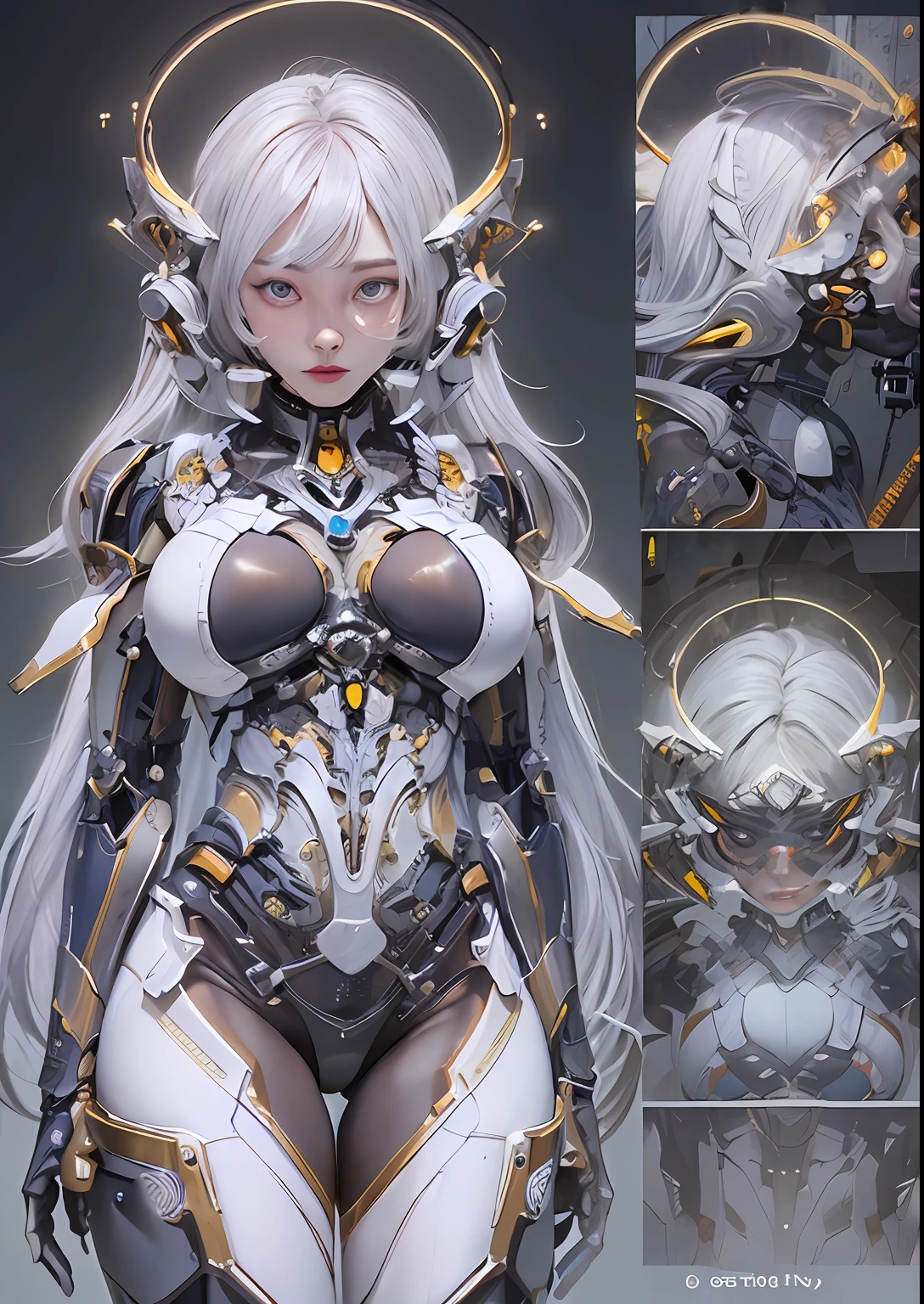 top-quality、masterpiece、超A high resolution、(Photorealsitic:1.4)、Raw photo、Cyborg Angel、large wings made of metal、White porcelain body、white hair、glowy skin、1 Cyborg Girl、((super realistic details))、portlate、globalillumination、Shadow、octan render、8K、ultrasharp、character edge light,Colossal tits、Raw skin is exposed in cleavage、Details of complex ornaments、Transparent clear parts、Detailed hydraulic cylinders from Sumer、Small LED lamp、highly intricate detail、Realistic light、a purple eye、radiant eyes、Facing the camera、neon details、cowboy shot、Futuristic headgear、About Cyberpunk、、