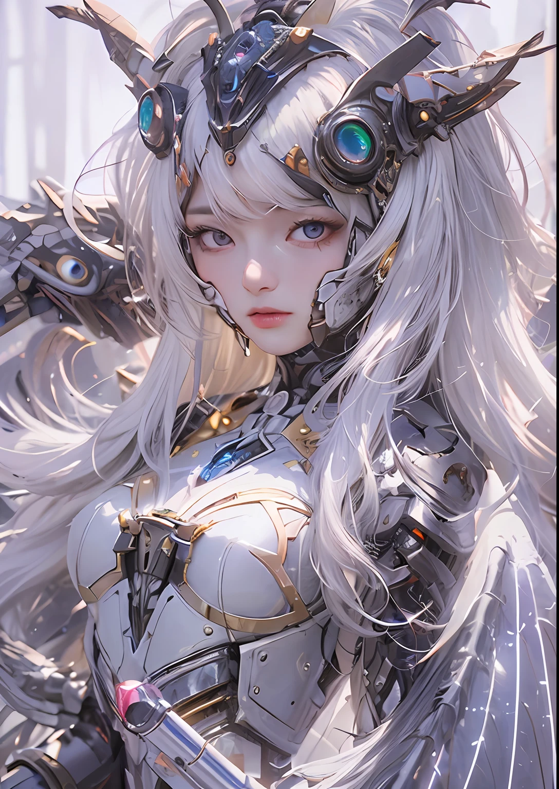 top-quality、masterpiece、超A high resolution、(Photorealsitic:1.4)、Raw photo、Cyborg Angel、large wings made of metal、White porcelain body、white hair、glowy skin、1 Cyborg Girl、((super realistic details))、portlate、globalillumination、Shadow、octan render、8K、ultrasharp、character edge light,Colossal tits、Raw skin is exposed in cleavage、Details of complex ornaments、Transparent clear parts、Detailed hydraulic cylinders from Sumer、Small LED lamp、highly intricate detail、Realistic light、a purple eye、radiant eyes、Facing the camera、neon details、cowboy shot、Futuristic headgear、About Cyberpunk、、