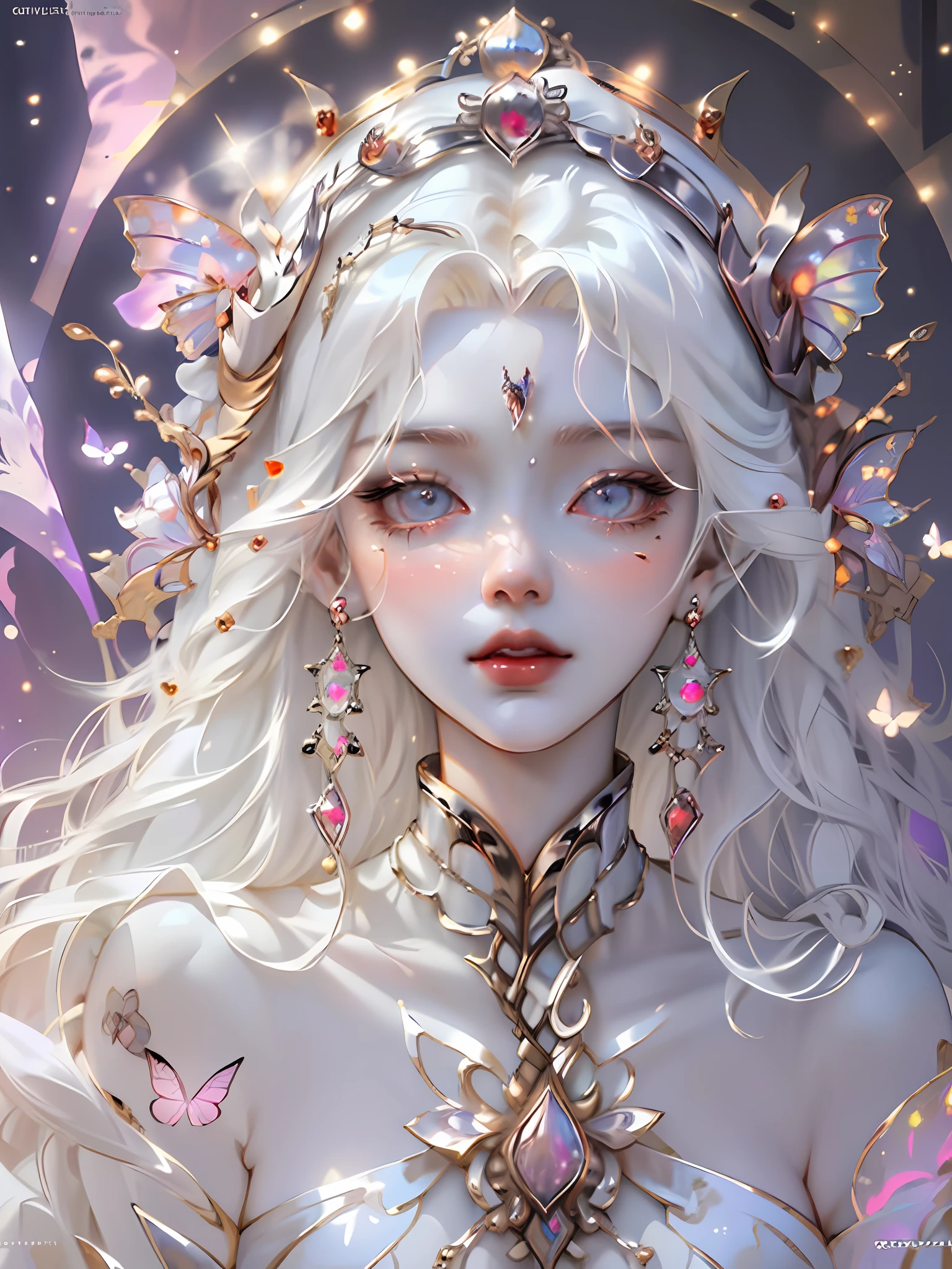 1 woman with a crown，facing to audience，Beautiful and elegant butterfly queen, Guviz, Fantasy art style, 8K high quality detailed art, Butterfly Lord, Beautiful and seductive butterfly princess，digital fantasy art , ellegance, (long  white hair，White-colored skin，The skin is translucent white，sparkle in eyes，Wearing plain white clothes，beautiful  face，Lonely pale face，Particle，Glow，Guviz-style artwork, WLOP Art,