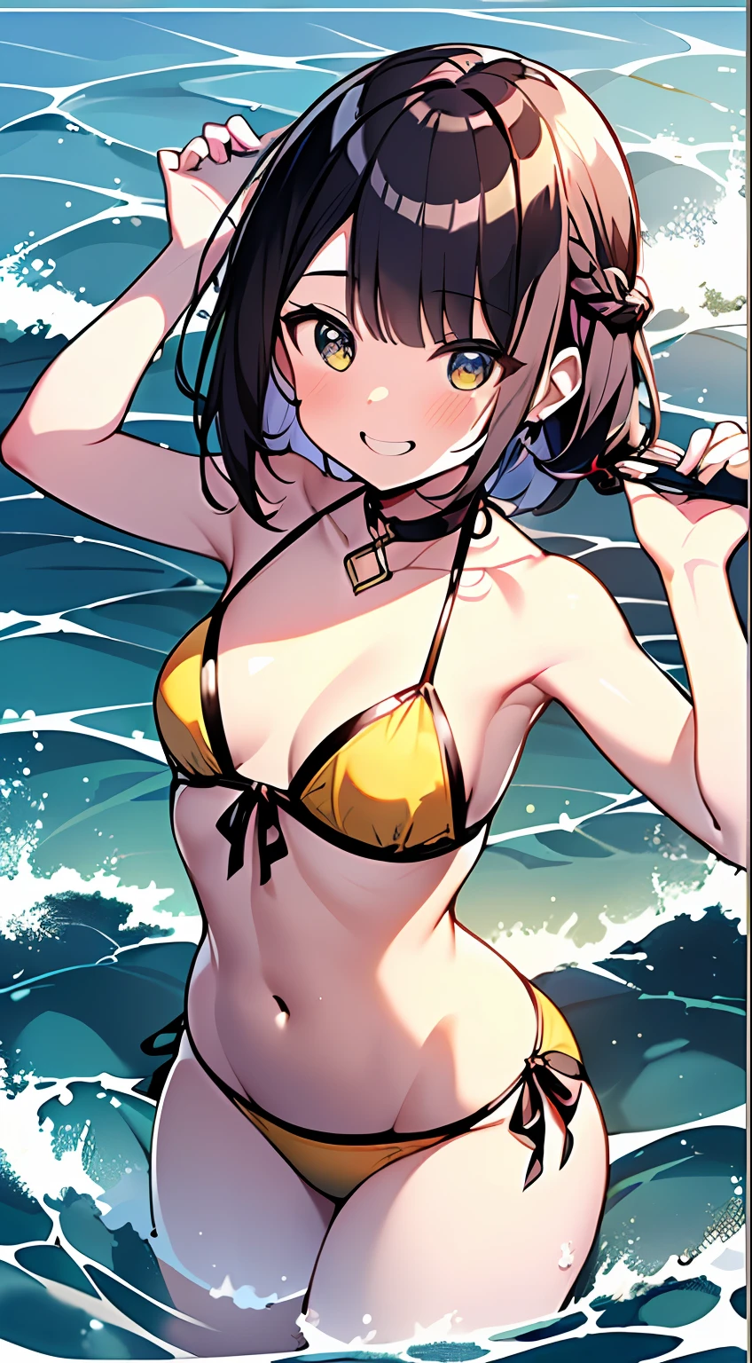 (Incredibly ridiculous absolute resolution:1.5)、hiquality、top-quality、masuter piece、Anime girl in yellow and red bikini, 魅惑的、Anime , 8k Manga Wallpapers, Smile、Shy laughter、((small curvy loliretty anime girl,((Daytime sea in summer))、(Medium Shorthair)、(short braided hair)