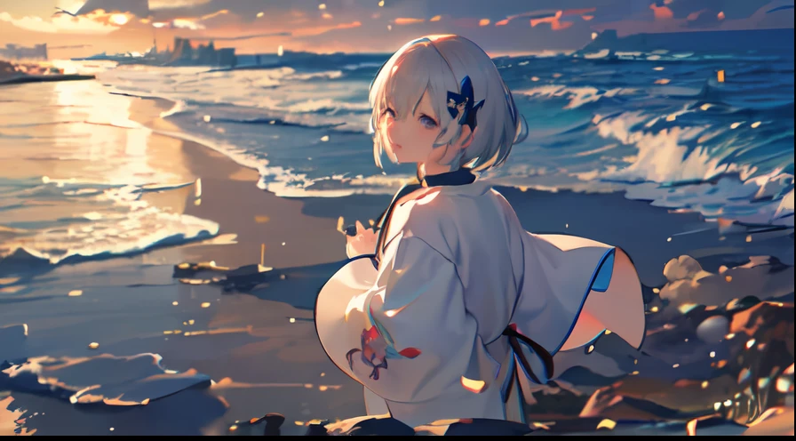 超A high resolution、​masterpiece、(portlate)、animesque、Silver Shorthair、eyes are brown、One eye is hidden by hair、a choker、Floral hair ornament、robe blanche, Colorful sea、Under the sea、Highly detailed official artwork of the sandy beach, digital art on pixiv