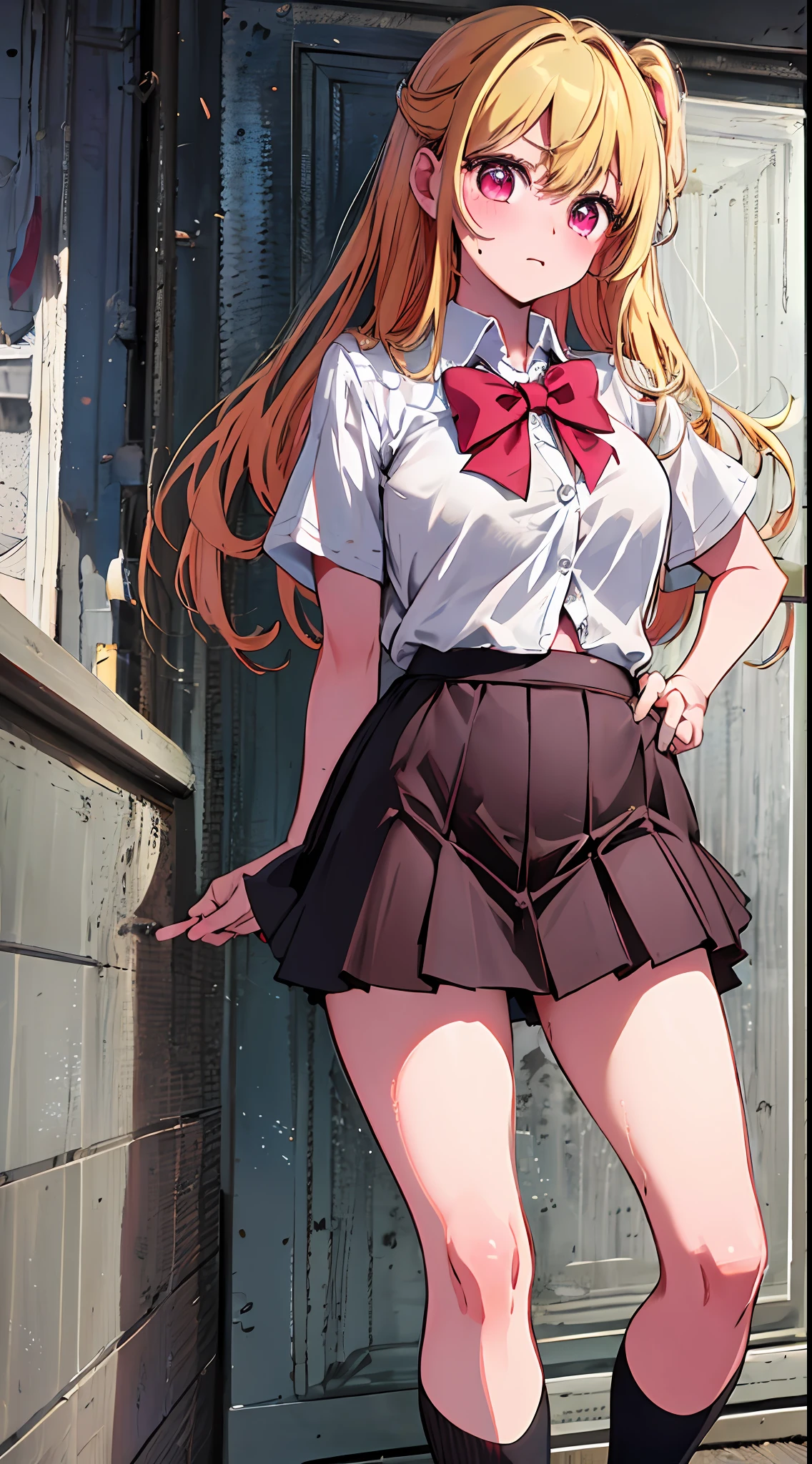 main girl is beautiful and cute, "neat and bright uniform coordination", full body, full body illustration, best illustration, elementary school student, realistic and elaborate uniform, high school uniform, ((highest quality)), ((masterpiece)), (detail: 1.4), anatomical, award-winning concept art, beautiful, fine details, portrait, look viewer, (full body view)), 1 girl, full body, solo, 6 years old, elementary school student, child actor, golden hair, blonde, semi-long hair, red and pink eyes, large eyes, the pupil of the left eye is star-shaped, characteristic pupil of the left eye, pupil of the left eye clear, pupil of the left eye detailed, dark brown blazer, maroon sweater, long checked skirt, dark green and maroon skirt, black hyso, orange large ribbon, white blouse, underwear, panties, skirt, white panties, wet, shirt, wet clothes, skirt lift, blush, classroom, navel,lift under chest, clothing lift, easy background, lifting clothes, uniform, Japan cute school uniform, blazer, look away, short sleeve, loli, skinny, elementary, loli, baby face, cute, young appearance, fantastic visual depiction, professional effects, beautiful girl, petite girl, sweaty transparent clothes, unevenness, absurdity, Heel up loafers, golden hair, red and pink eyes, the main girl is beautiful and cute