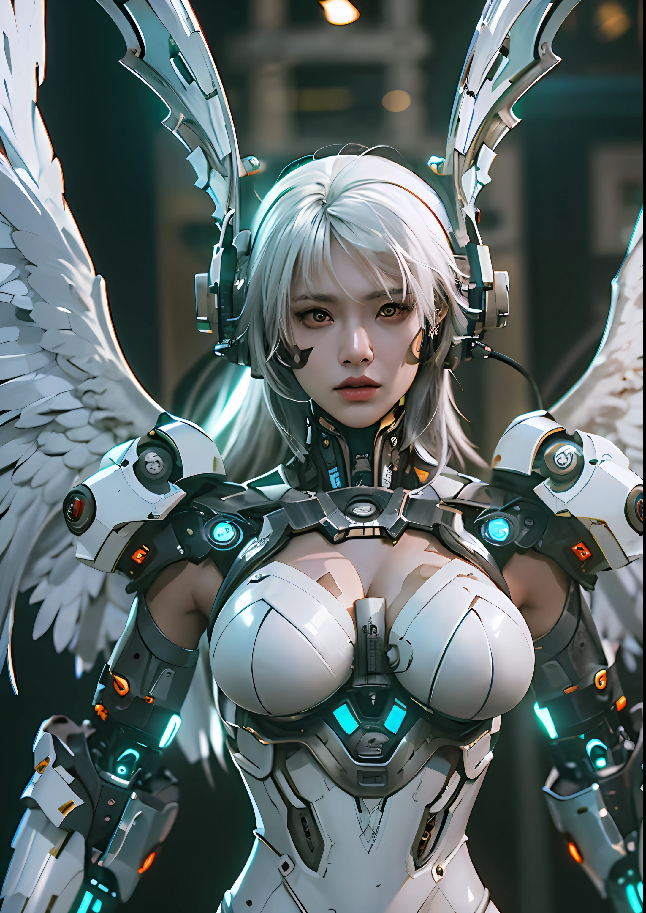 top-quality、masterpiece、超A high resolution、(Photorealsitic:1.4)、Raw photo、Cyborg Angel、large wings made of metal、White porcelain body、white hair、glowy skin、1 Cyborg Girl、((super realistic details))、portlate、globalillumination、Shadow、octan render、8K、ultrasharp、character edge light,Colossal tits、Raw skin is exposed in cleavage、Details of complex ornaments、Detailed hydraulic cylinders from Sumer、Small LED lamp、highly intricate detail、Realistic light、a purple eye、radiant eyes、Facing the camera、neon details、cowboy shot、Futuristic headgear、About Cyberpunk、、