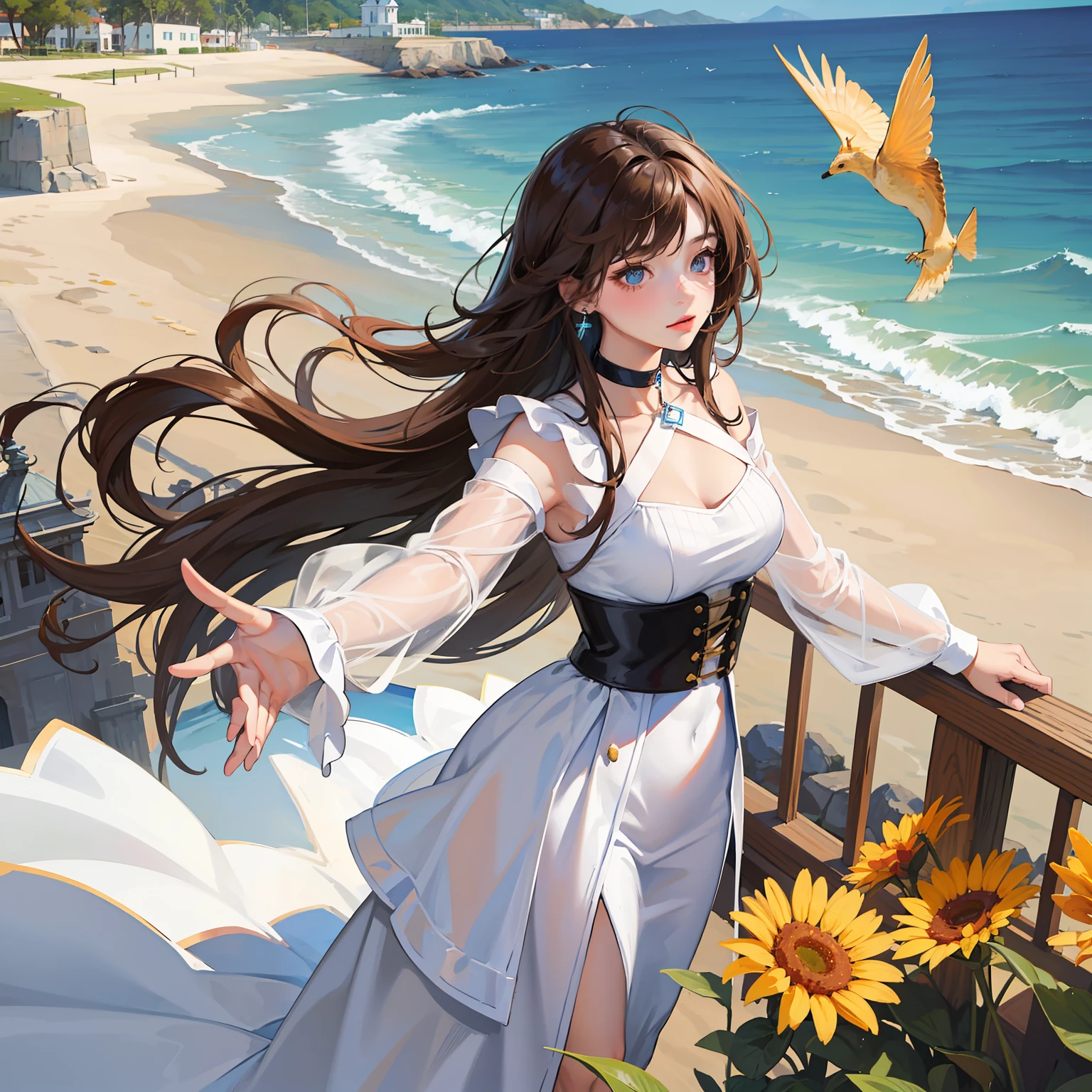 (best qualtiy,tmasterpiece),1girll,lewd poses,Particle,ventania,Flowers in hand,The upper part of the body,simplebackground,looking at viewert,brown haired girls,Background seaside,lighthouse,blue choker,Blue water drop earrings