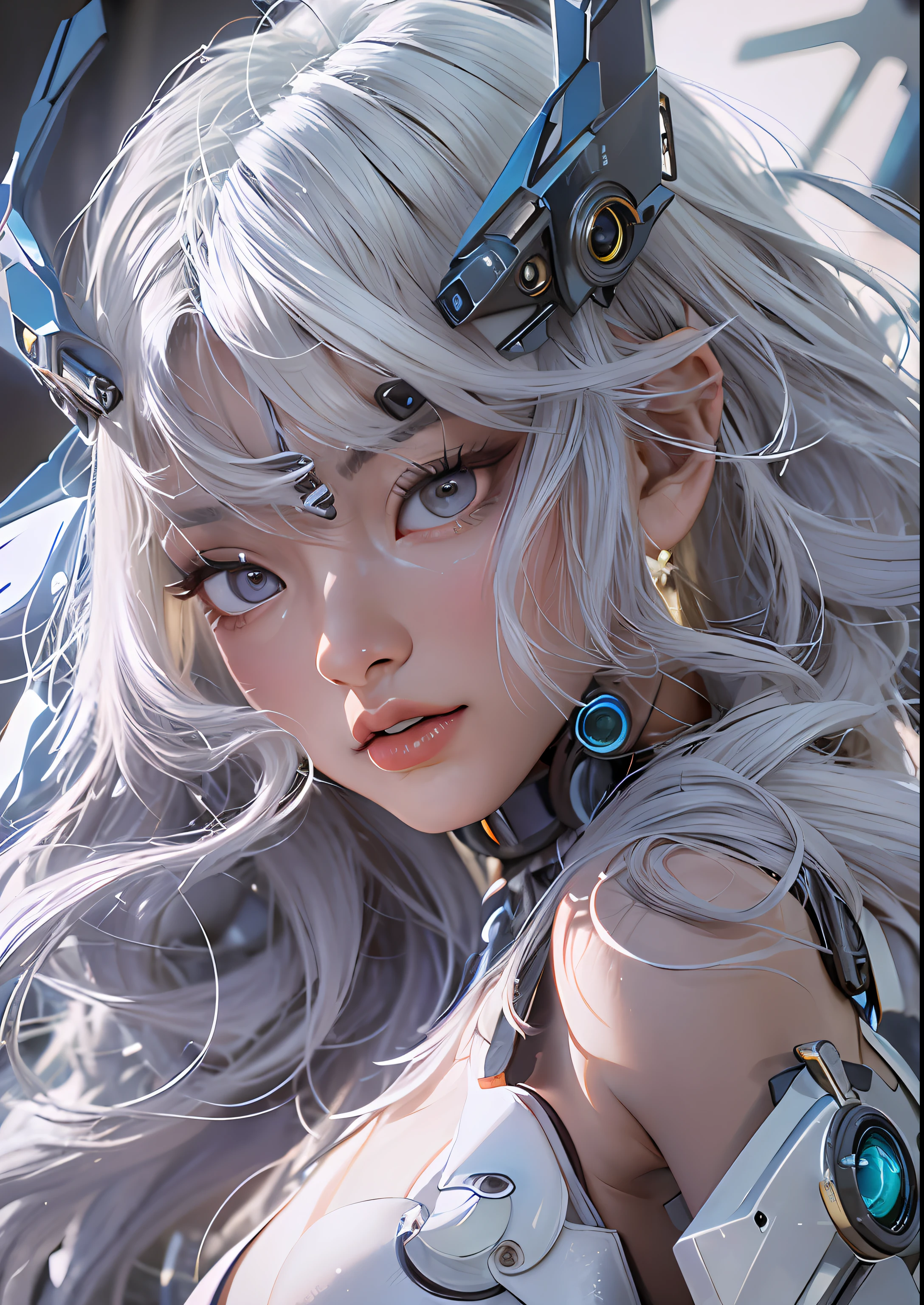 top-quality、masterpiece、超A high resolution、(Photorealsitic:1.4)、Raw photo、Cyborg Angel、large wings made of metal、White porcelain body、white hair、glowy skin、1 Cyborg Girl、((super realistic details))、portlate、globalillumination、Shadow、octan render、8K、ultrasharp、character edge light,Colossal tits、Raw skin is exposed in cleavage、Details of complex ornaments、Detailed hydraulic cylinders from Sumer、Small LED lamp、highly intricate detail、Realistic light、a purple eye、radiant eyes、Facing the camera、neon details、cowboy shot、Futuristic headgear、About Cyberpunk、、