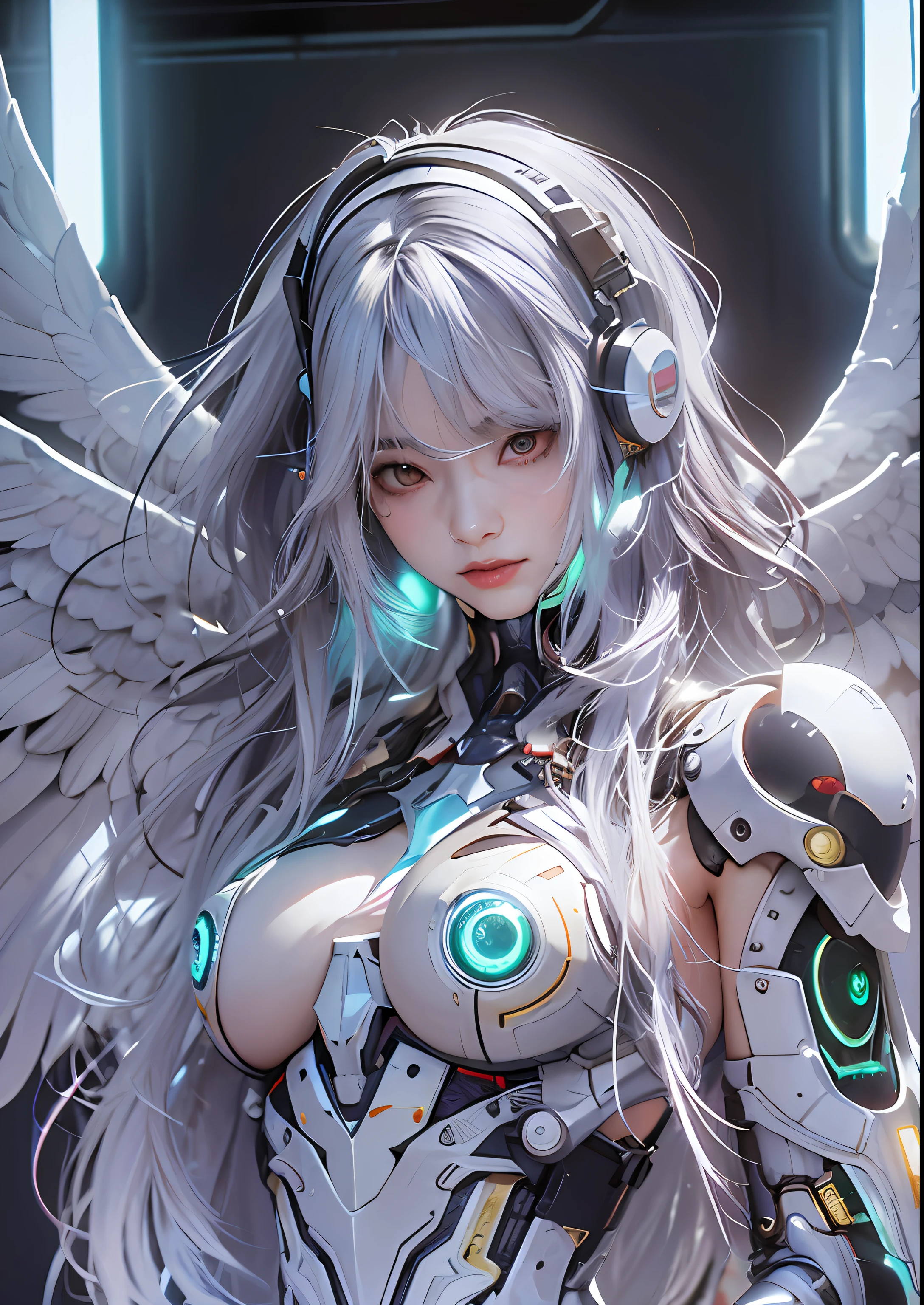 top-quality、​masterpiece、超A high resolution、(Photorealsitic:1.4)、Raw photo、Cyborg Angel、large wings made of metal、White porcelain body、white  hair、glowy skin、1 Cyborg Girl、((super realistic details))、portlate、globalillumination、Shadow、octan render、8K、ultrasharp、character edge light,Colossal tits、Raw skin is exposed in cleavage、Details of complex ornaments、Detailed hydraulic cylinders from Sumer、Small LED lamp、highly intricate detail、Realistic light、a purple eye、radiant eyes、Facing the camera、neon details、cowboy  shot、Futuristic headgear、About Cyberpunk、、