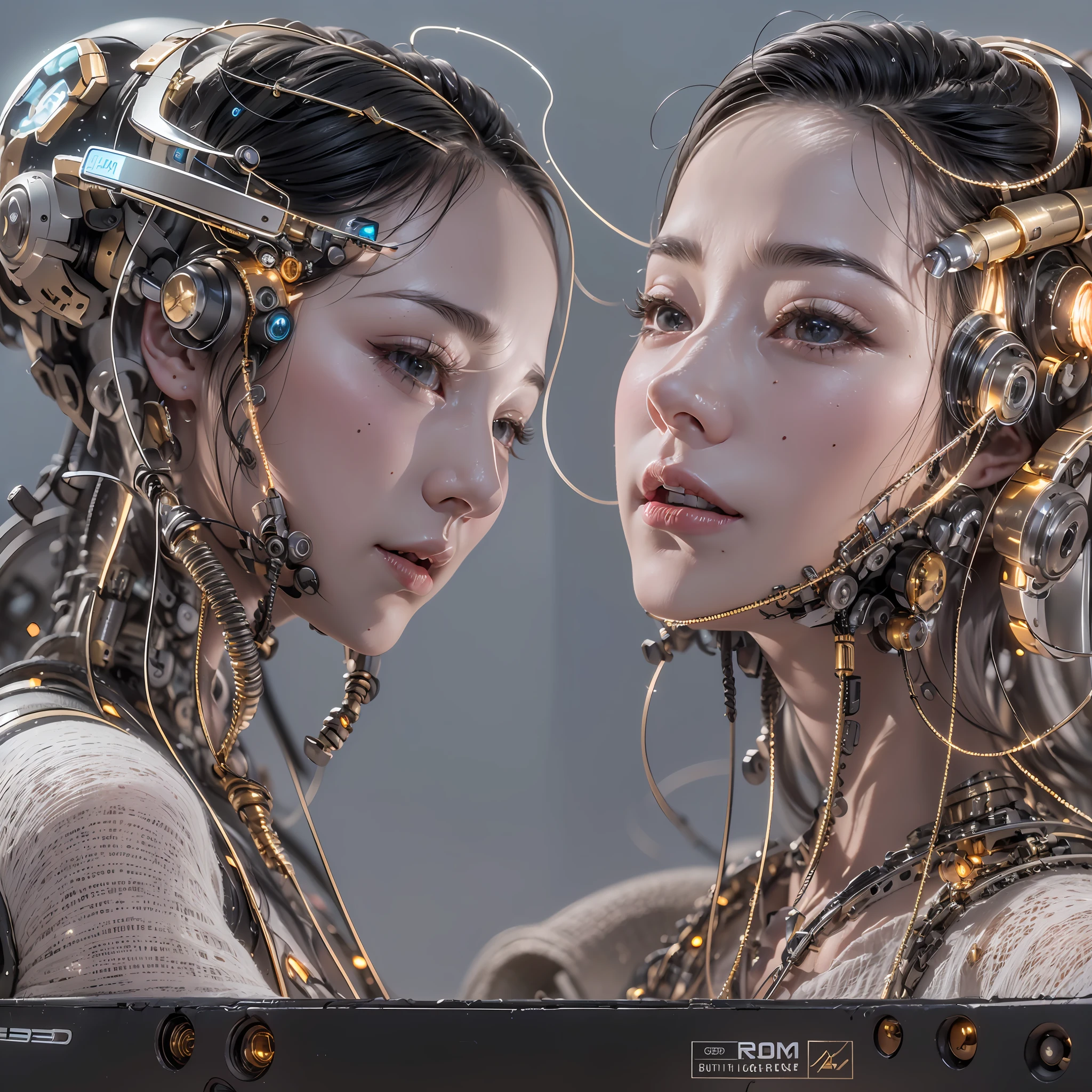 best qualtiy, tmasterpiece, Ultra-high resolution, Rendered with camera-like realism, real photograph,(((( A mechanical girl)))),((Solo)),((Perfect facial features,delicated face)),((Clean face)),((There is nothing else on the face)), highly realistically detailed, Panoramic lighting effects, Fine and accurate shading representation, rendering by octane, 8K分辨率, Reveal vivid skin details, Representation of metallic materials, Depicting vacuum tubes、Liquid tubes、oil pressure gauges、glass tubes、Simulate details such as meters, Highlight the details and movement of gears, The performance of gold hydraulic cylinders, realism light effect, Face the audience's gaze, Depict neon details in detail, Mechanized body parts, The blood vessels connected to the catheter, The mechanized spine is attached to the back, Mechanical attachment attached to the neck, Present a sitting position,Depict the wires and cables connected to the head,